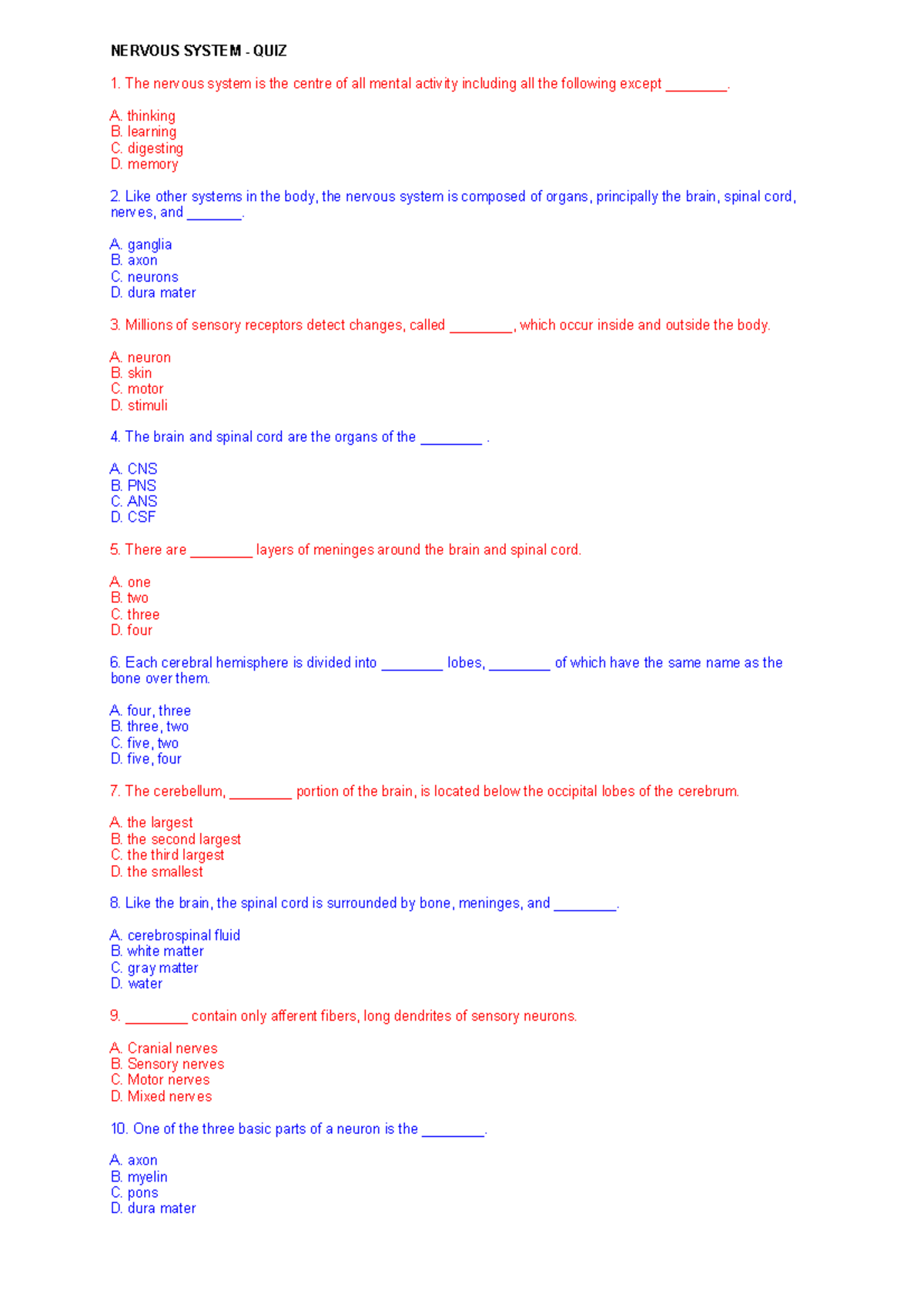 Nervous System-quiz - Material - NERVOUS SYSTEM - QUIZ The nervous ...