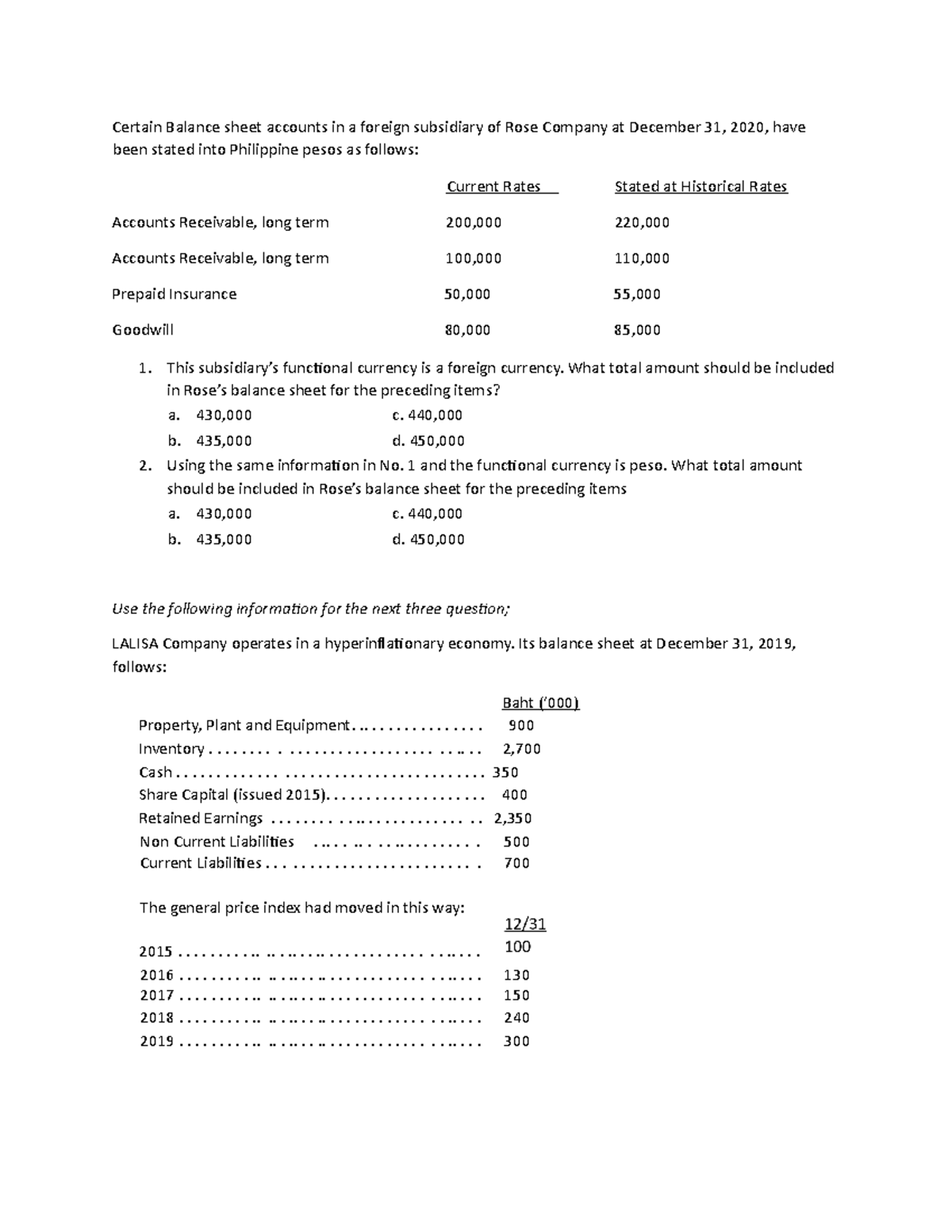 Quiz ( Hyperinflationary) Final - Certain Balance sheet accounts in a ...