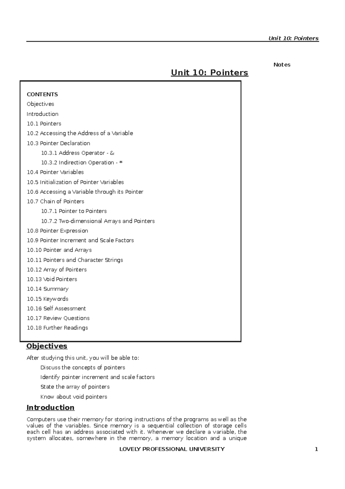 Unit 10 - Notes Unit 10: Pointers CONTENTS Objectives Introduction 10 ...