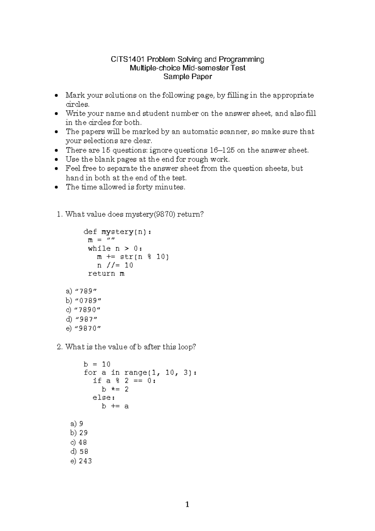 Test, questions - CITS1401 Problem Solving and Programming Multiple ...