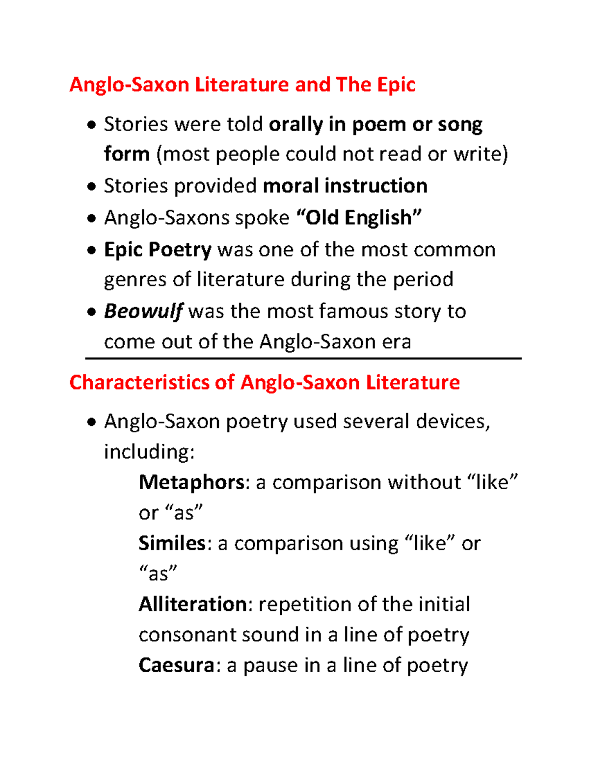 AngloSaxon Literature Notes 2015 AngloSaxon Literature and The Epic