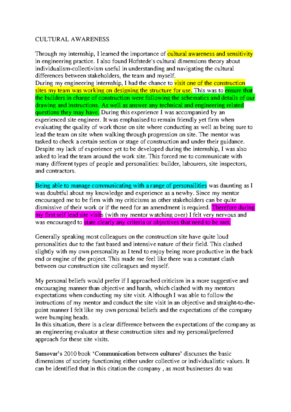 Culture - example - CULTURAL AWARENESS Through my internship, I learned ...