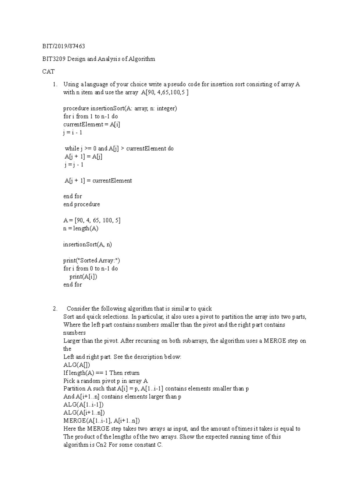 Design and analysis of algorithms - BIT/2019/ BIT3209 Design and ...