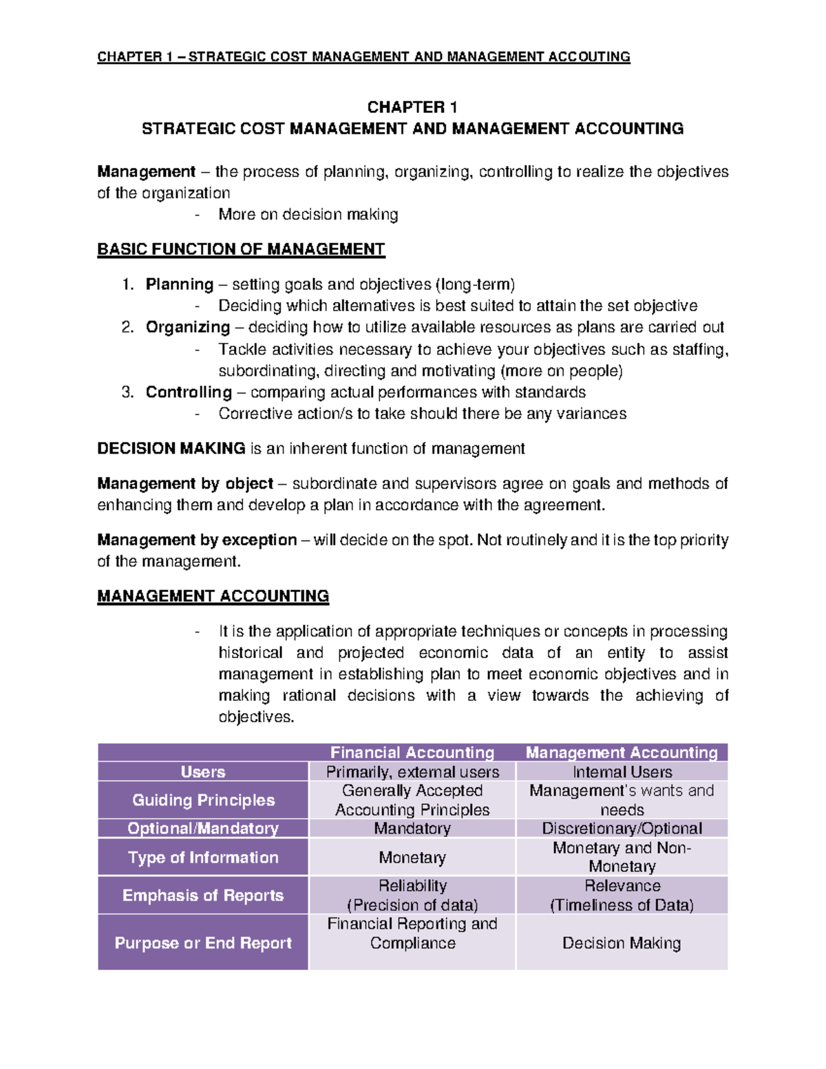 Strategic Cost Management and Management Accountancy - CHAPTER 1 ...