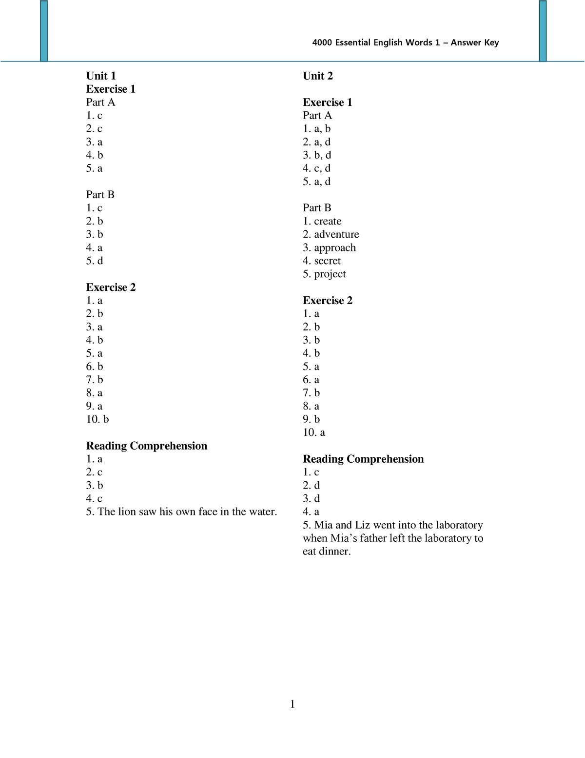 4000 Essential English Words 1 Answer Key - Unit 1 Exercise 1 Part A C ...