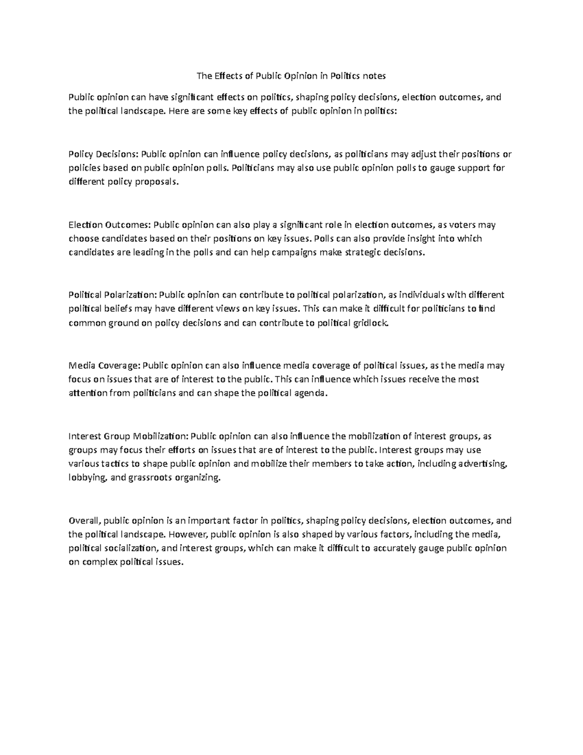 The Effects of Public Opinion in Politics notes - Here are some key ...