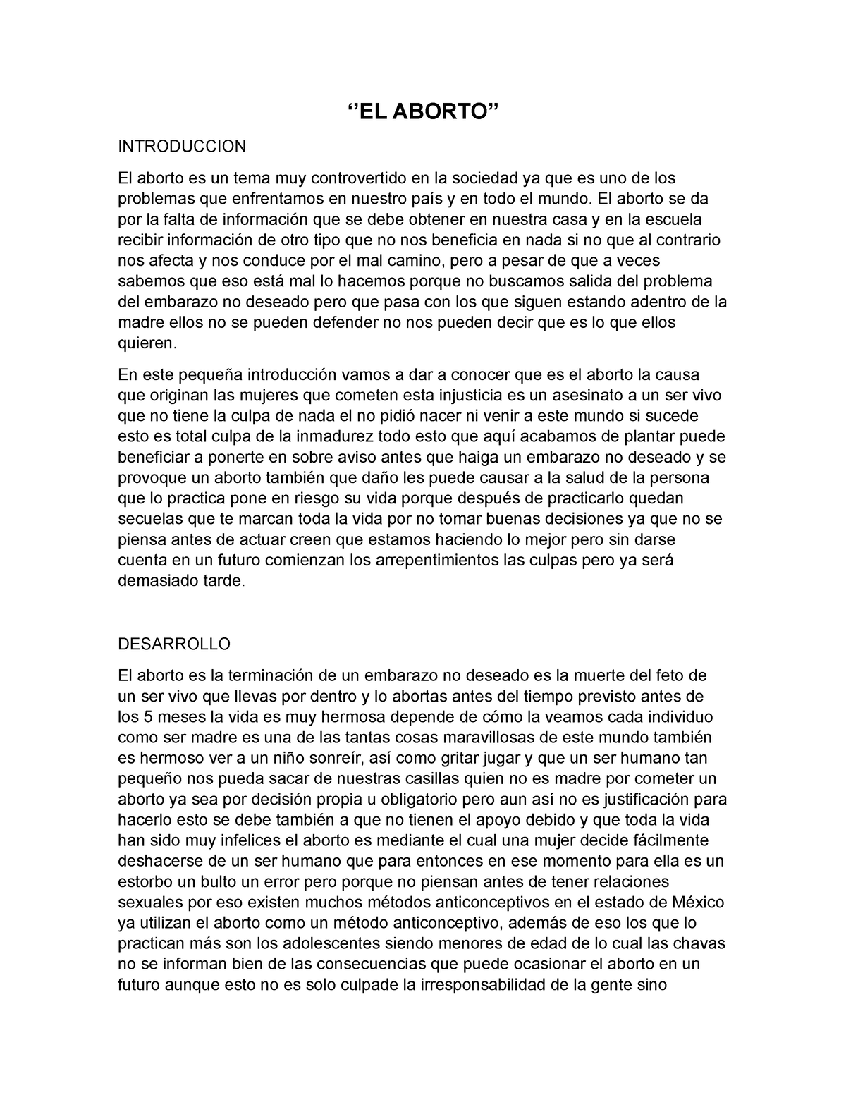 El Aborto Ensayo Argumentativo Para Todos ‘el Aborto Introduccion El Aborto Es Un Tema Muy 1334