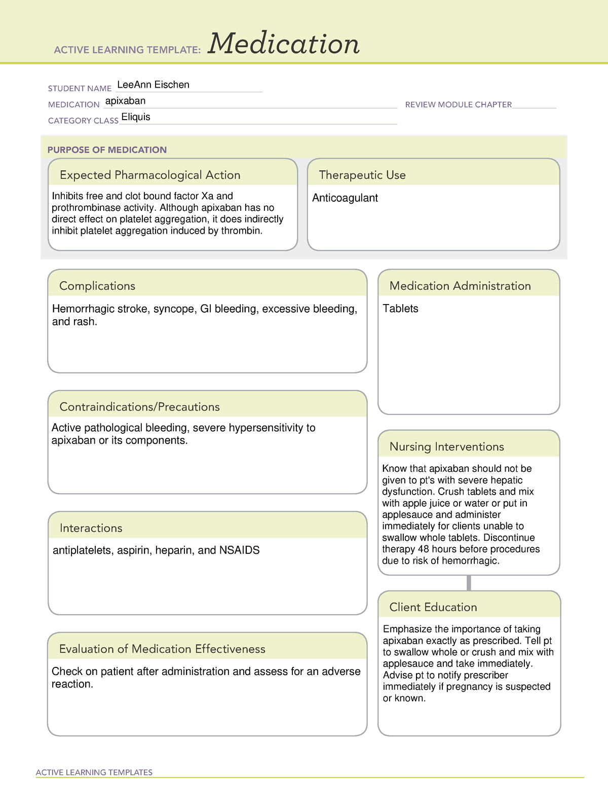 Apixaban Medication Sheet Template ATI ACTIVE LEARNING TEMPLATES Medication STUDENT NAME Studocu