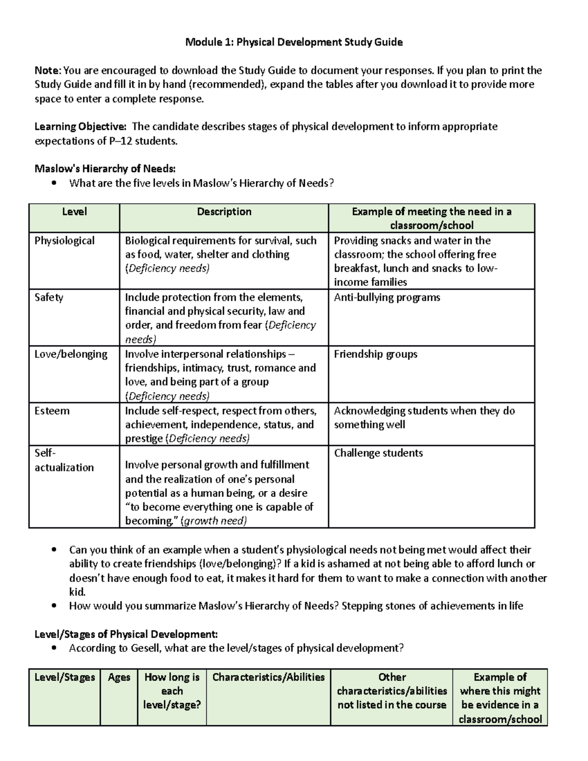 M1 study guide - Module 1: Physical Development Study Guide Note: You ...