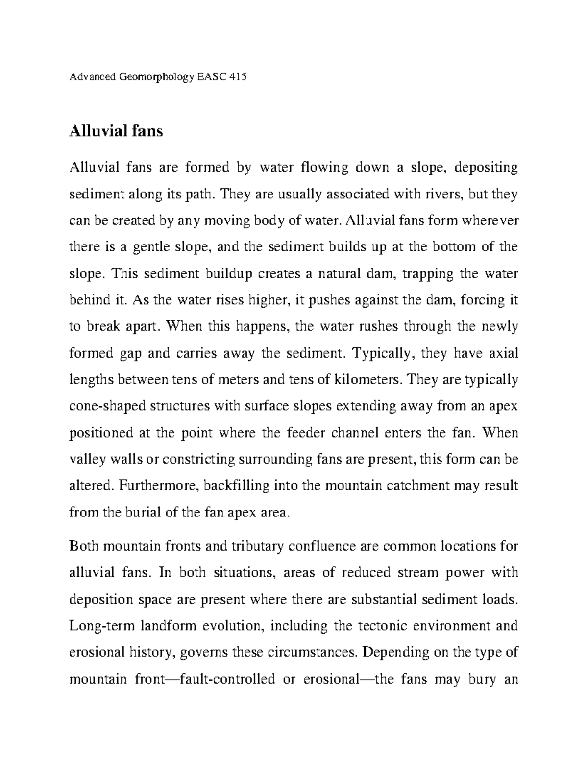 Alluvial fans notes Advanced Geomorphology EASC 415 Alluvial fans
