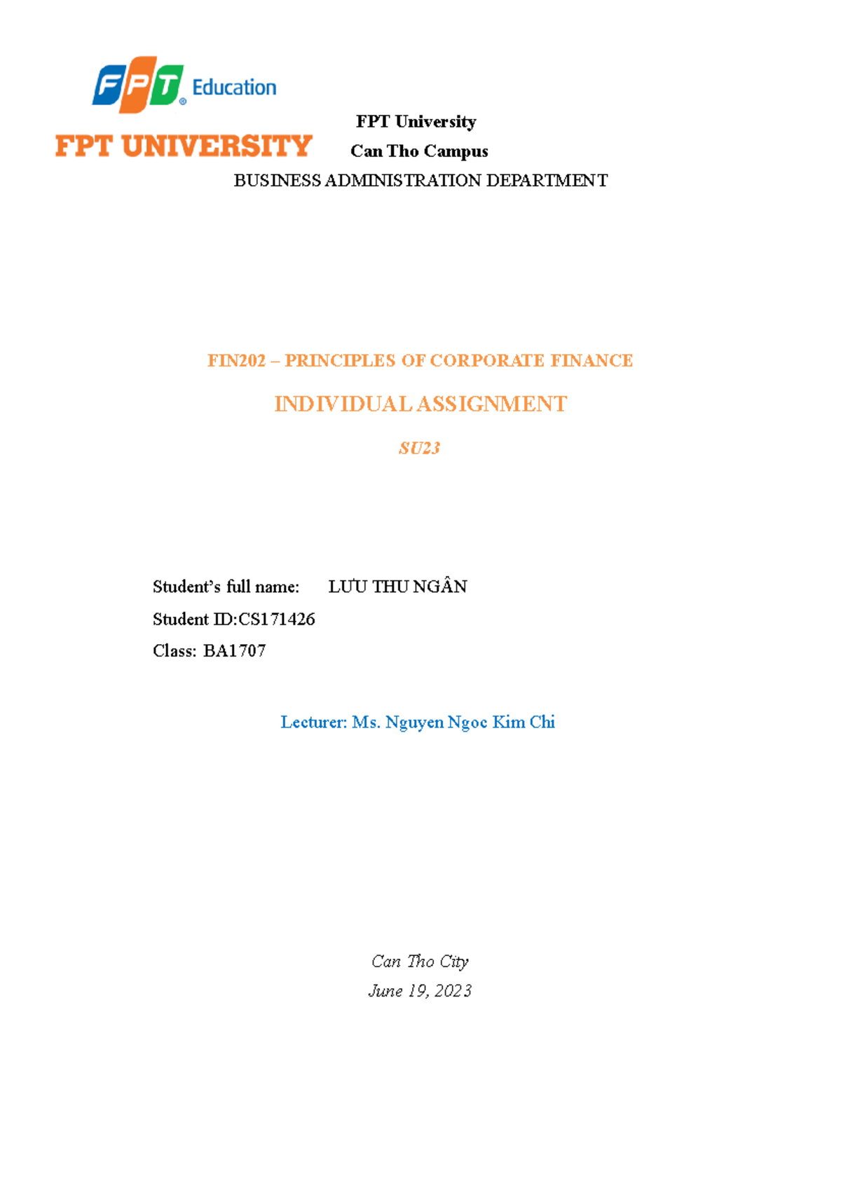 Nganltcs 171426 BA1707 FIN202 SU23 Individual Assignment - FPT ...