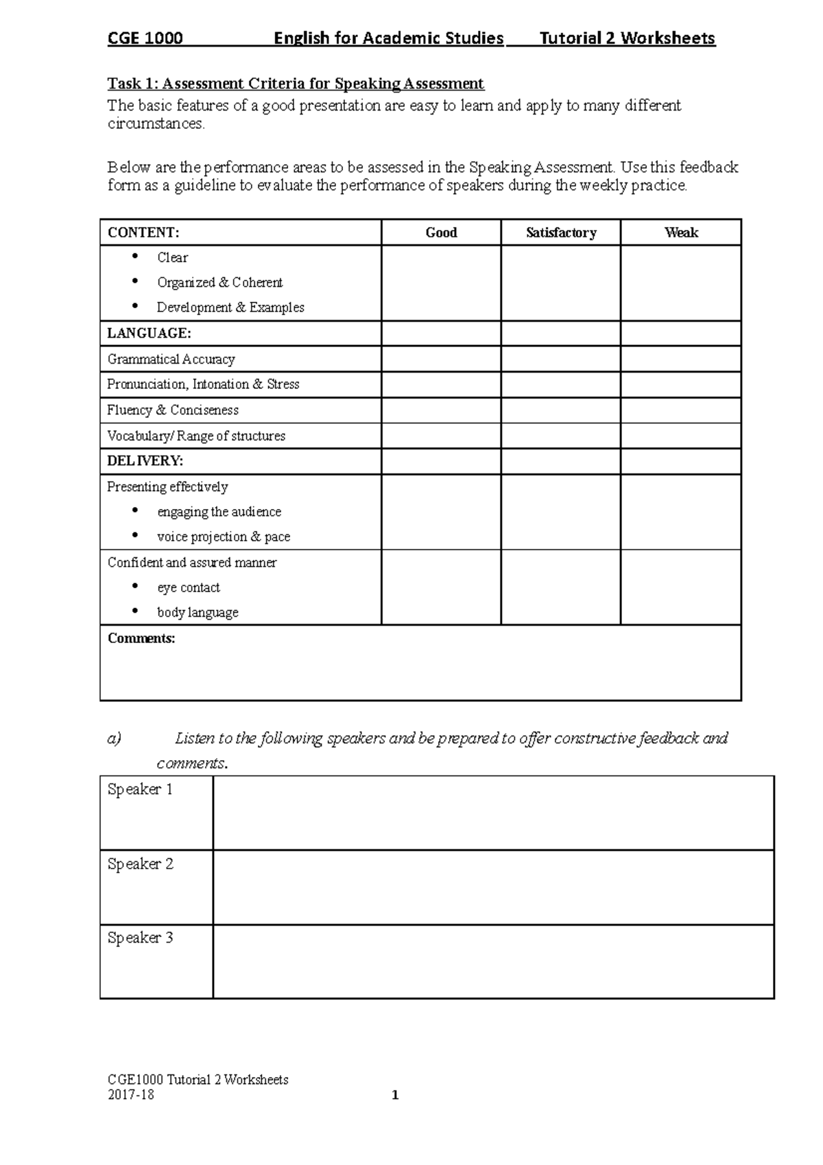 CGE1000 Tutorial 2 Worksheets 2017-2018 - Task 1: Assessment Criteria ...