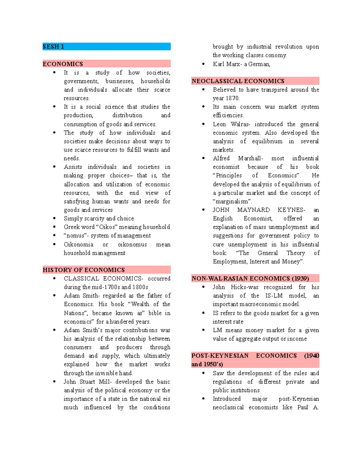 Managerial Economics Lecture Notes - SESH 1 ECONOMICS It is a study of ...