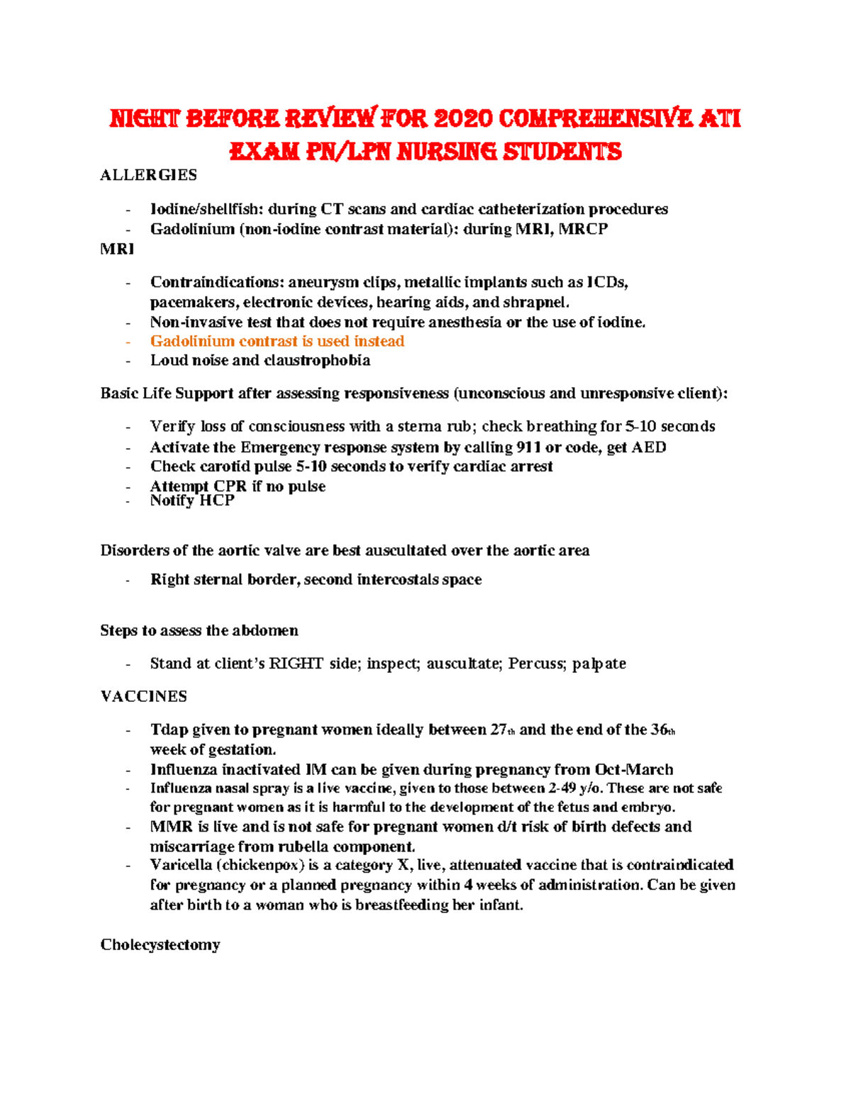 Study notes I used for ATI exams and did well - Night before review for ...