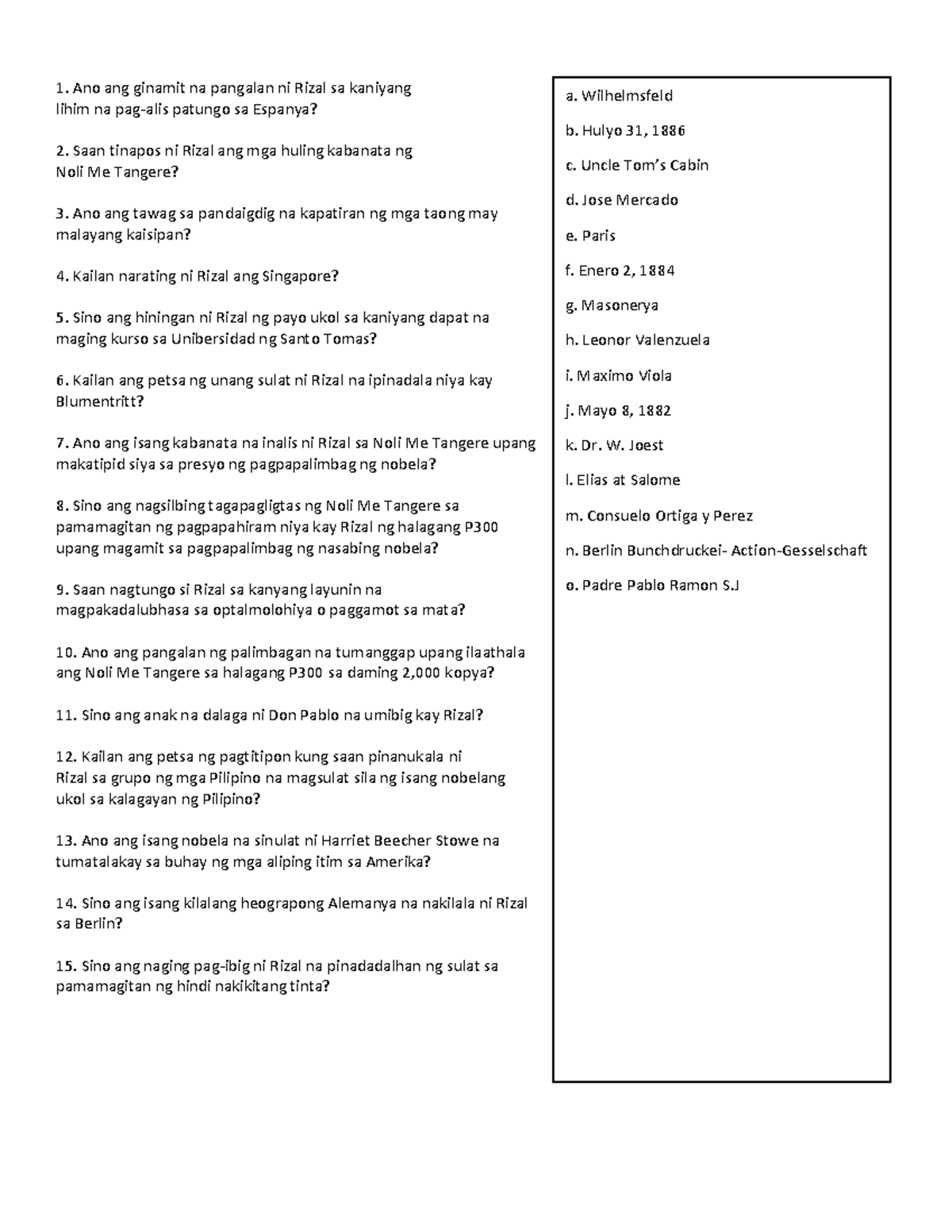TNRN01A Q1 - Course WOrk - Ano ang ginamit na pangalan ni Rizal sa ...
