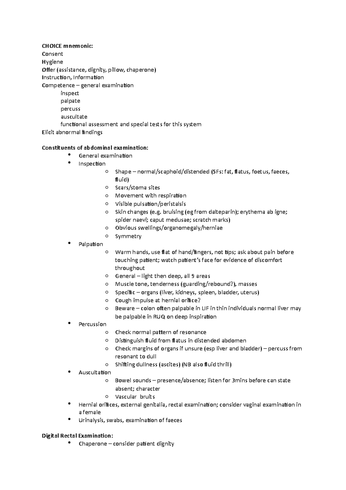 Abdominal, Rectal and Testicular Examination - CHOICE mnemonic: C ...