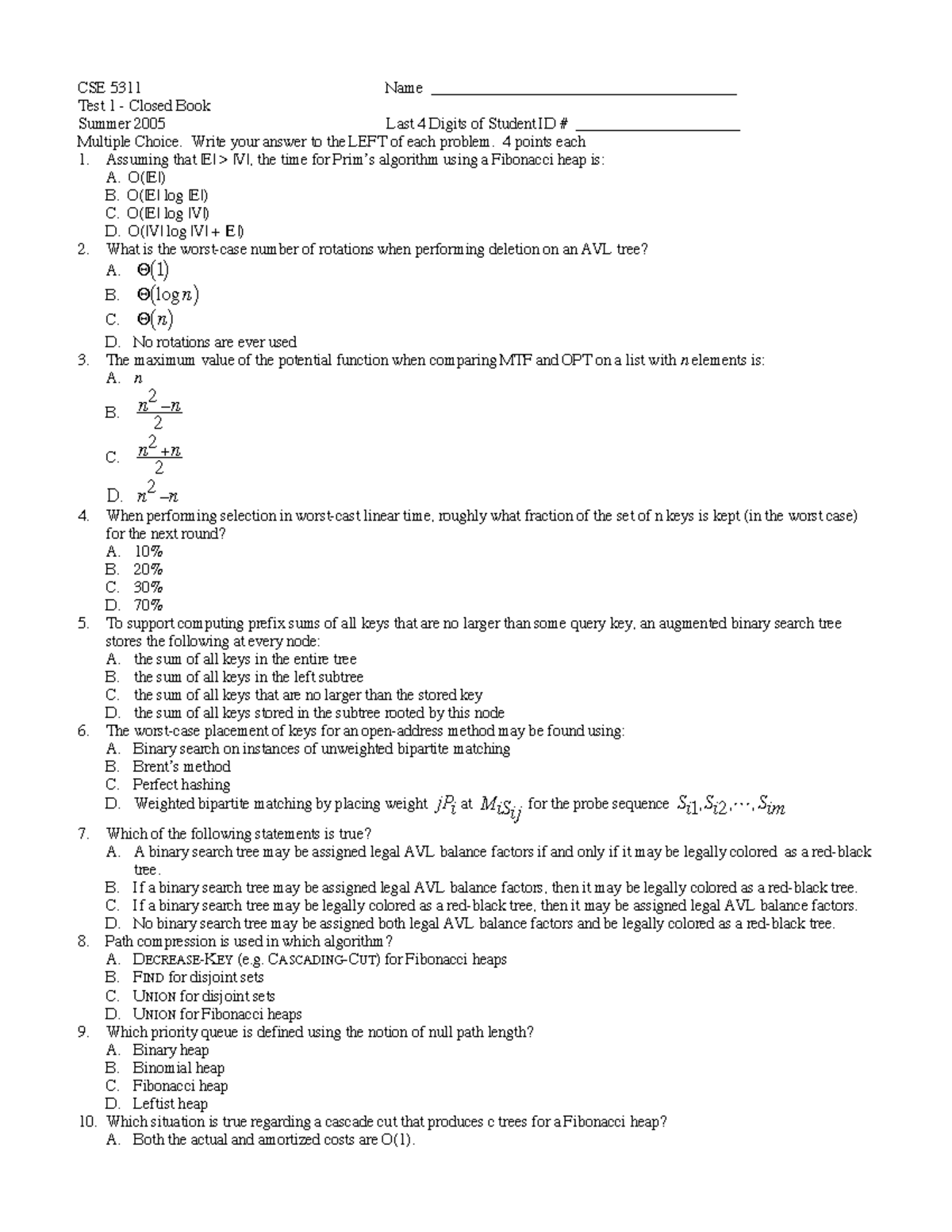 Sum05Z - Summer Test 1 - CSE 5311 Name ...