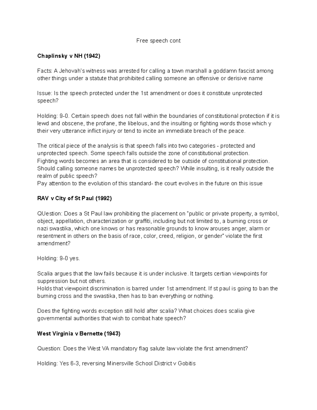 Mar 27 Notes from Lecture by Timothy Titus Free speech cont