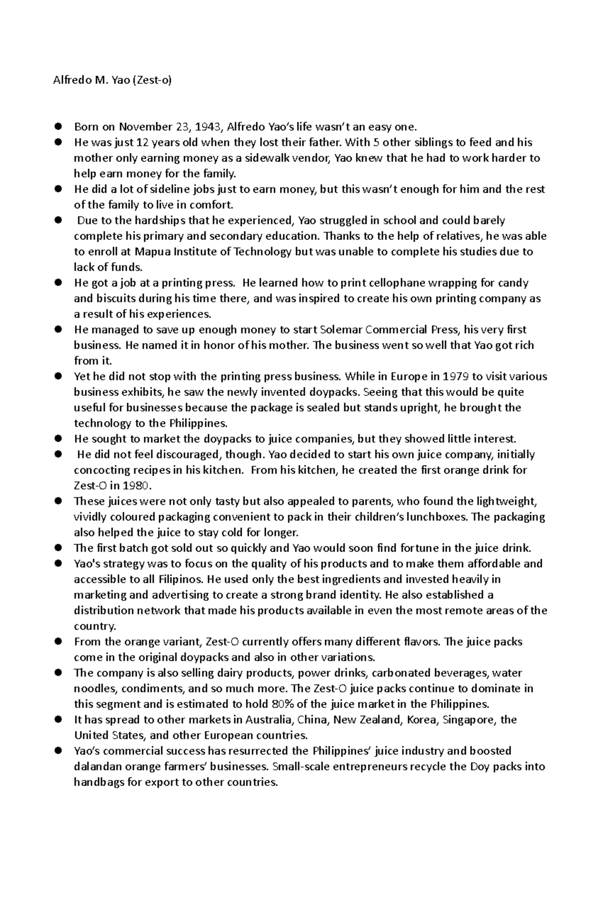 Alfredo M. Yao's Biography Alfredo M. Yao (Zesto) Born on November