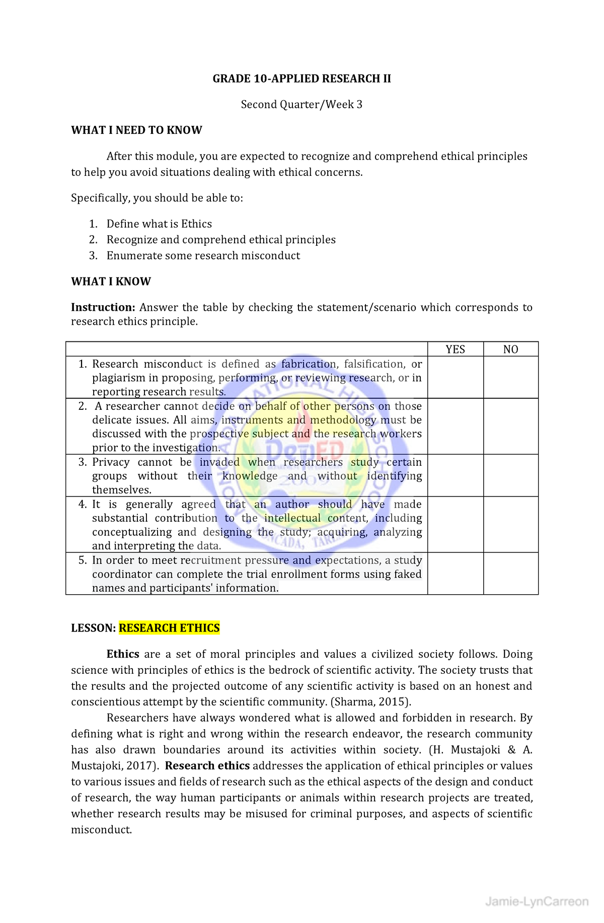 research report grade 10 module