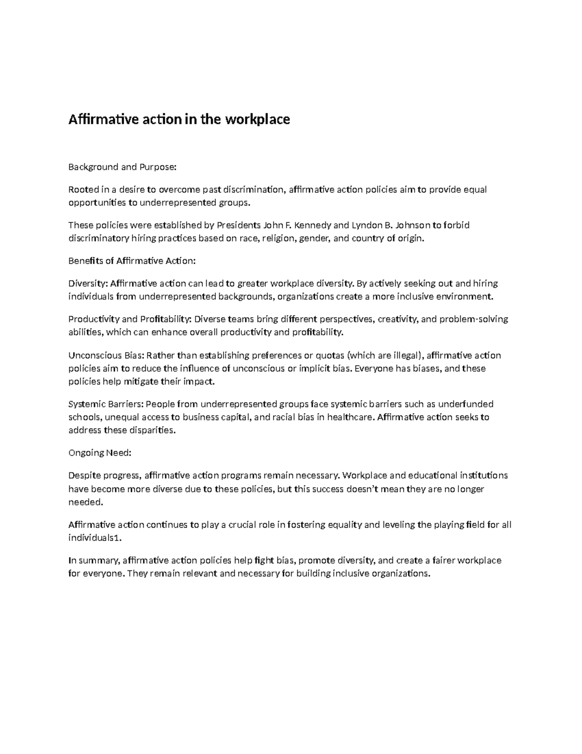 Scribble - Affirmative action in the workplace Background and Purpose ...