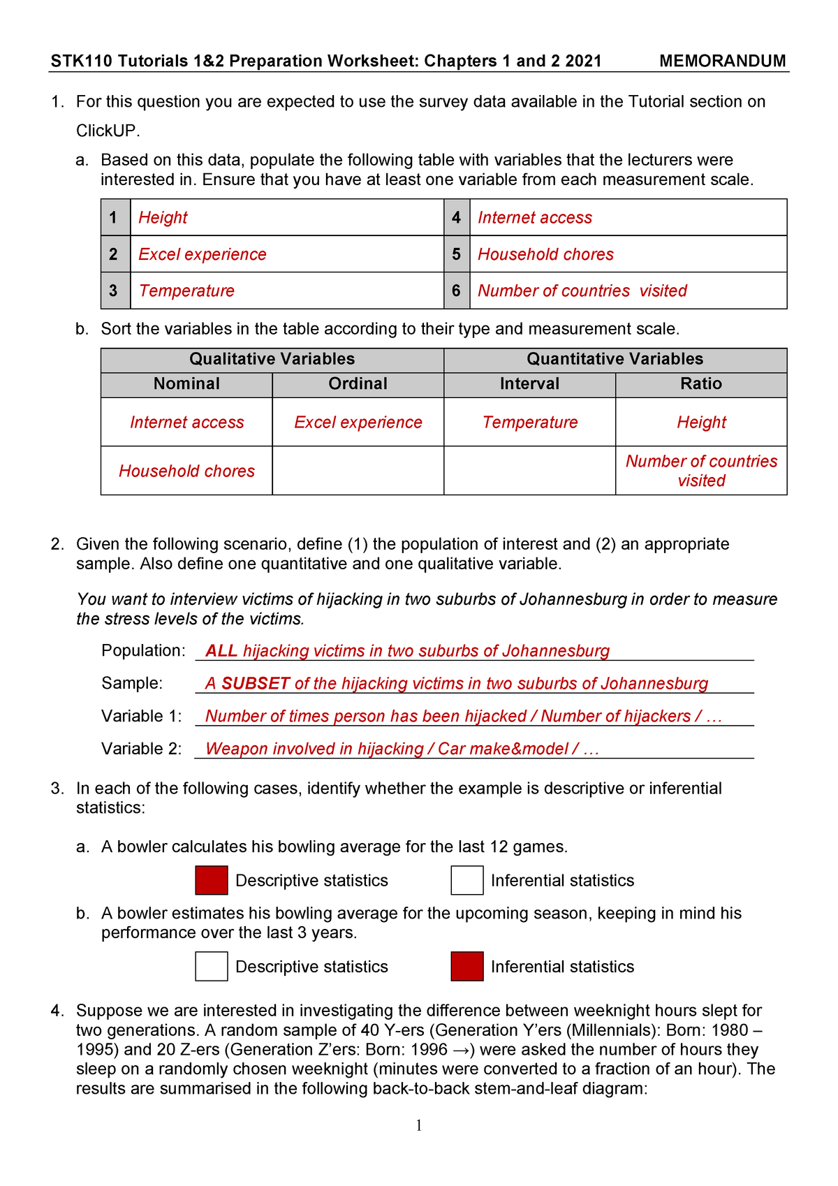 STK110 TUT 1 & 2 Preparation Sheet - 2021 MEMO & QUESTIONS - 1 STK110 ...