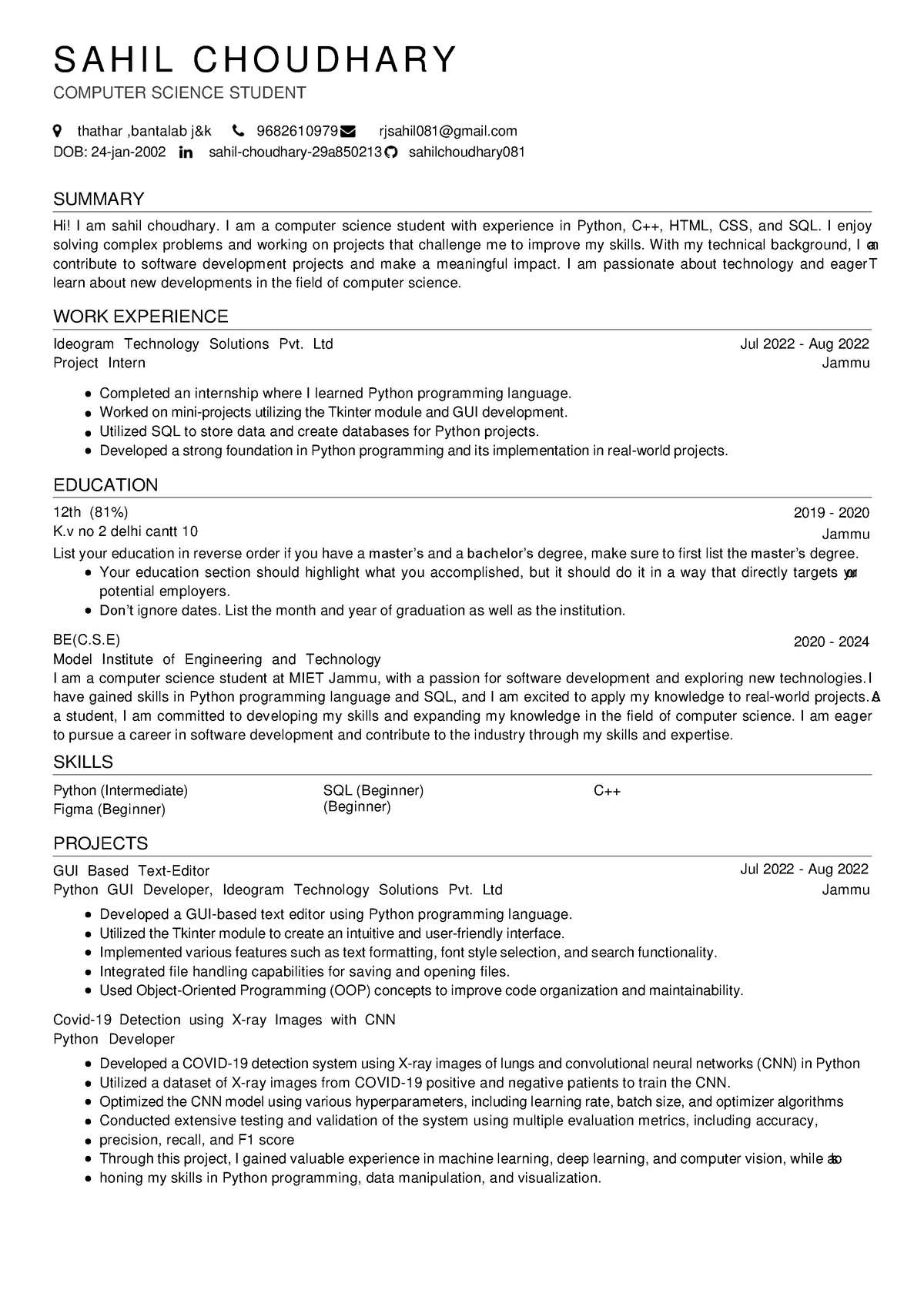 2020a1r077-sahil-resume - S A H I L C H O U D H A R Y COMPUTER SCIENCE ...