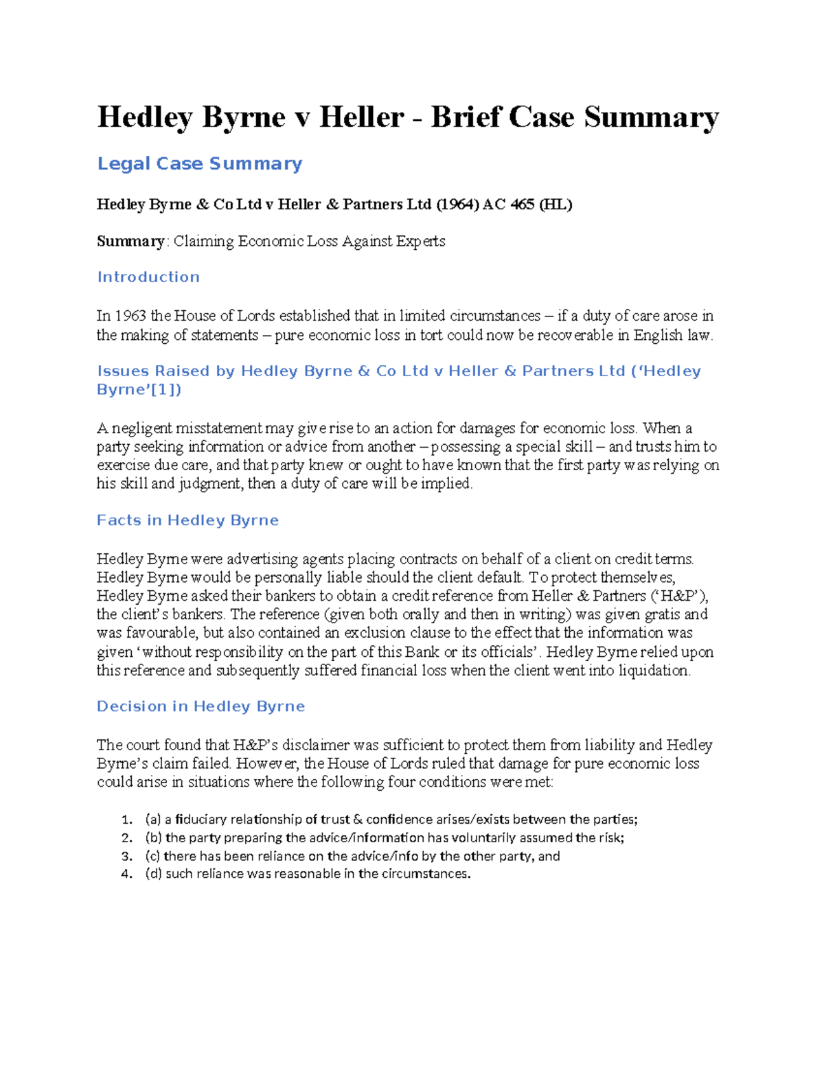 Hedley Byrne v Heller wwww Hedley Byrne v Heller Brief Case Summary Legal Case Summary