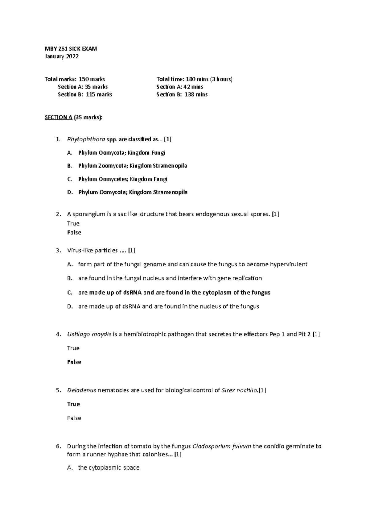 MBY 261 Sick Exam 29Nov2021 - MBY 261 SICK EXAM January 2022 Total ...