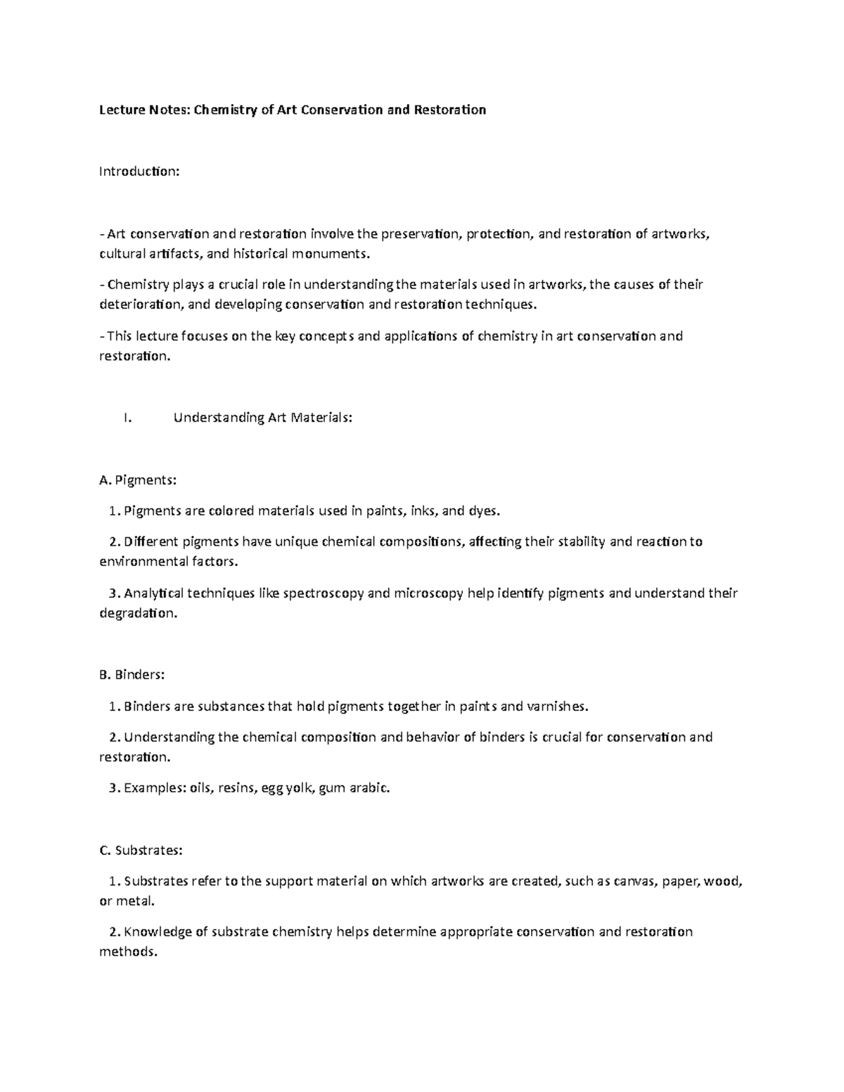 Lecture Notes Chemistry of Art Conservation and Restoration Lecture