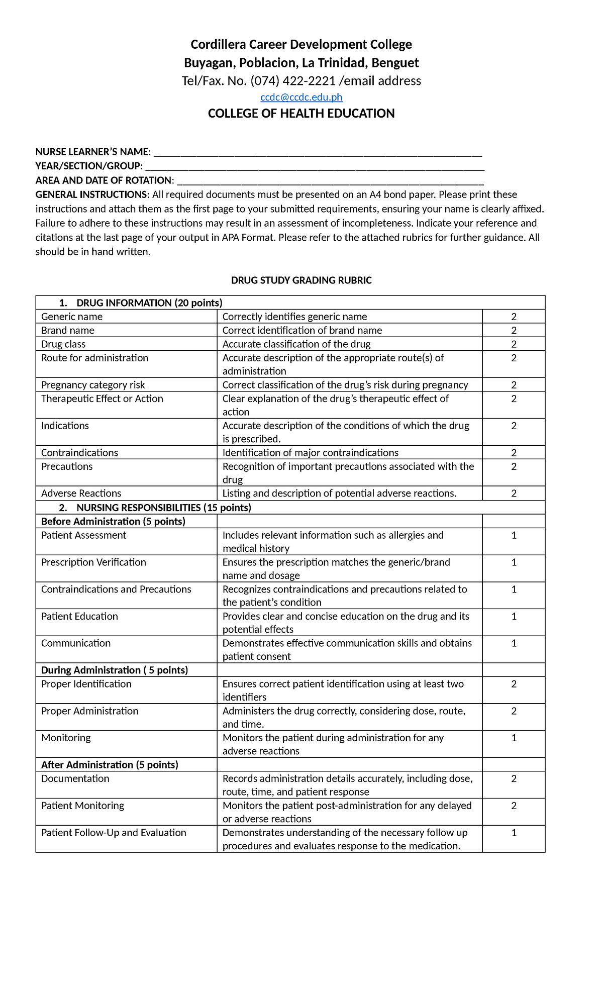 Drugs study and Case Study Rubrics - Cordillera Career Development ...