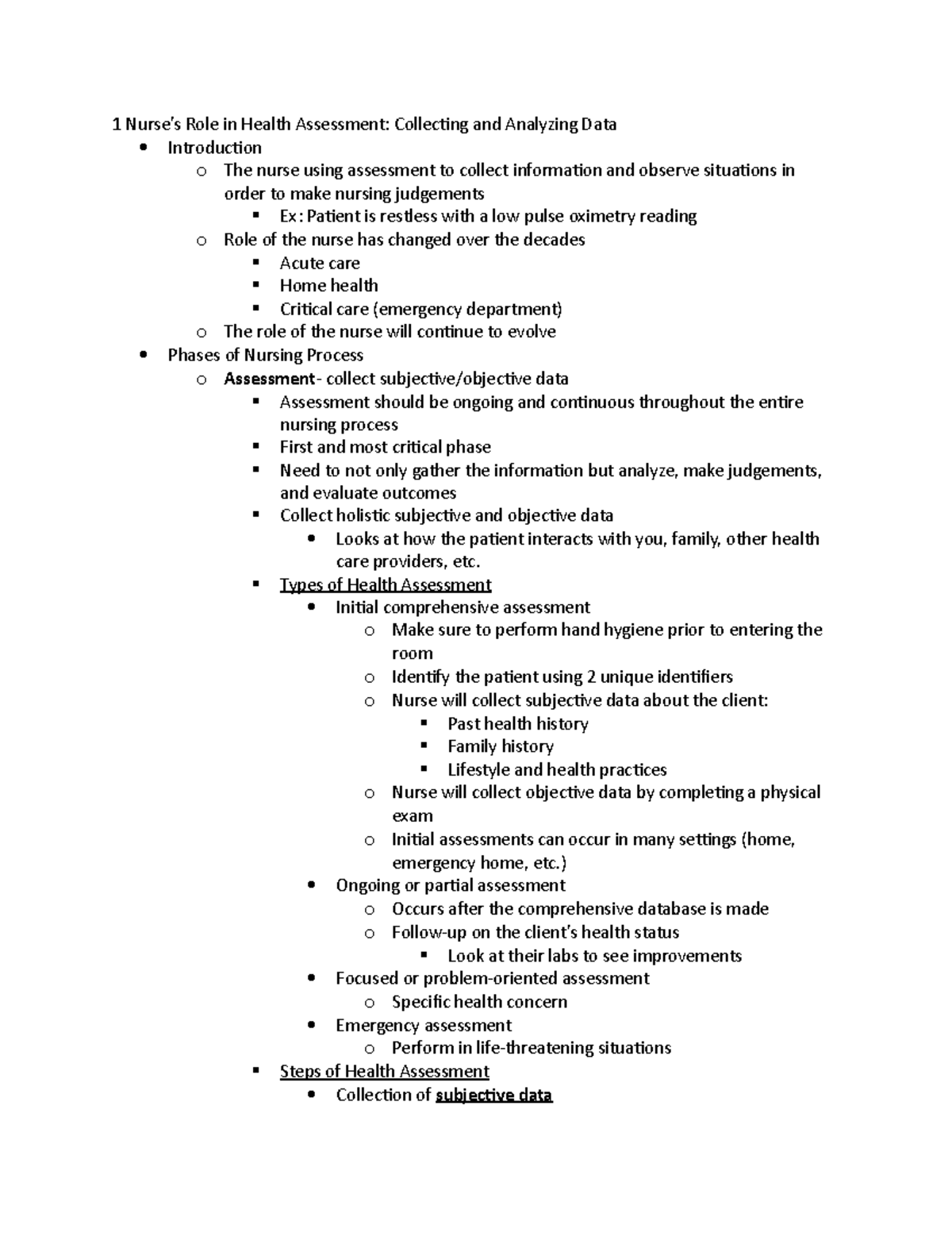 Exam 1 - Lecture notes notes - 1 Role in Health Assessment: Collecting ...