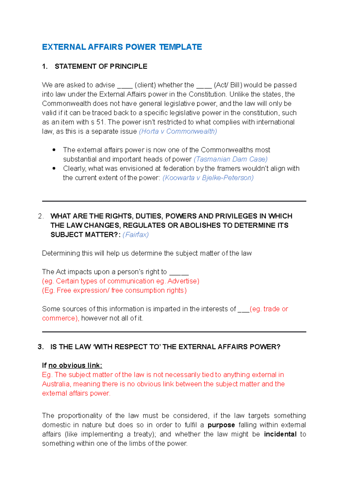 Constitutional Law Answer Templates - EXTERNAL AFFAIRS POWER TEMPLATE 1 ...