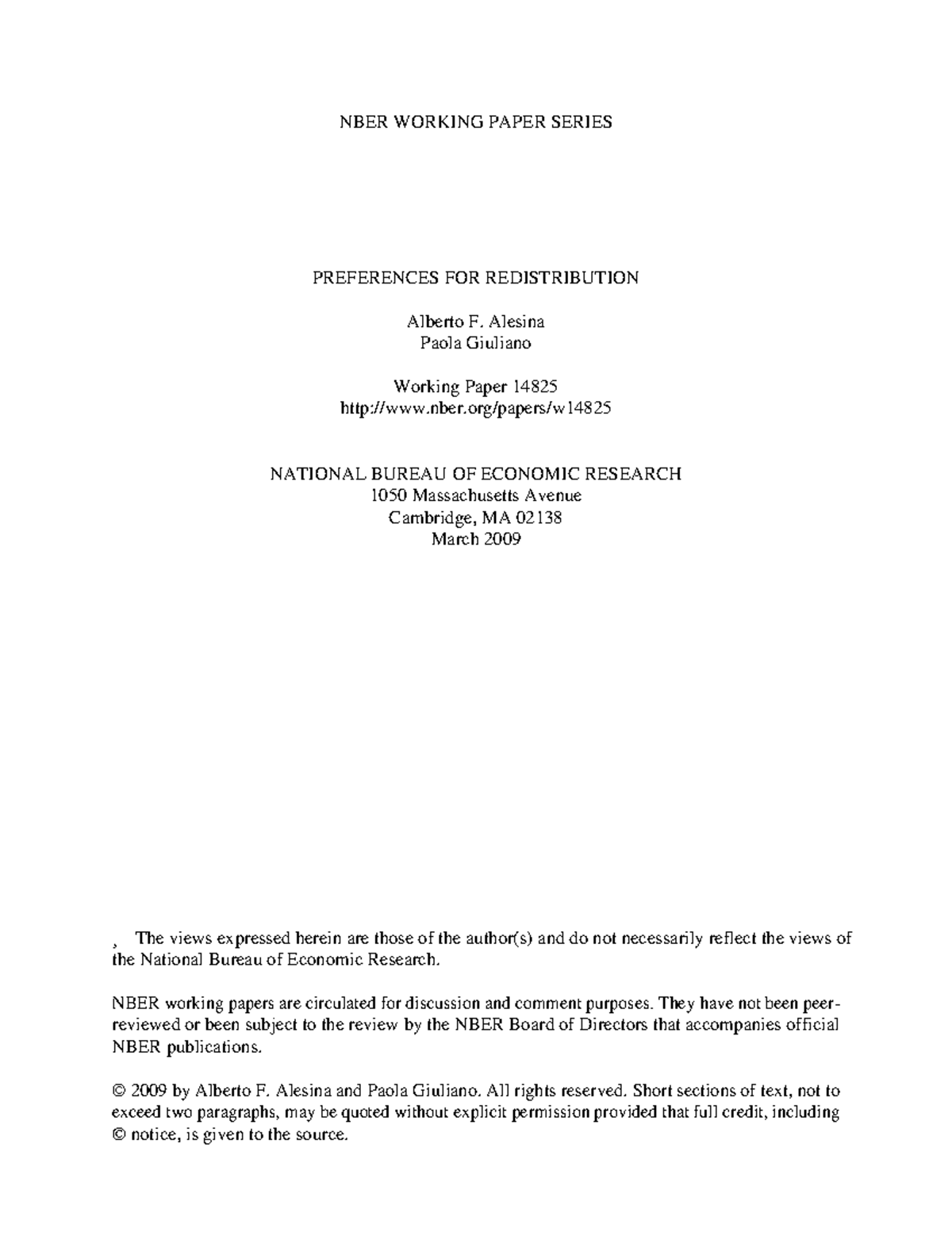 Preferences for Redistribution - NBER WORKING PAPER SERIES PREFERENCES ...