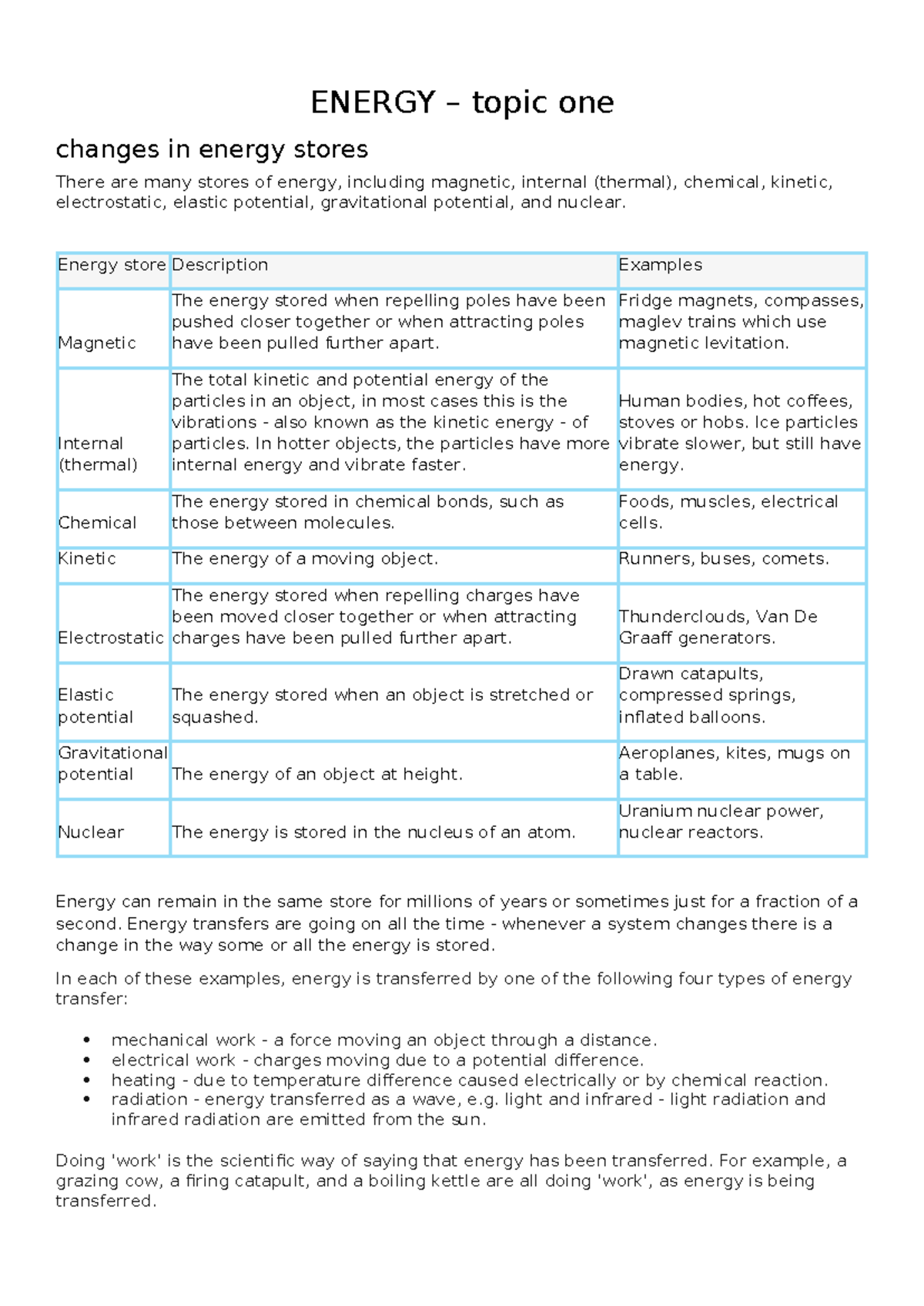 Energy - Combined science - ENERGY – topic one changes in energy stores ...