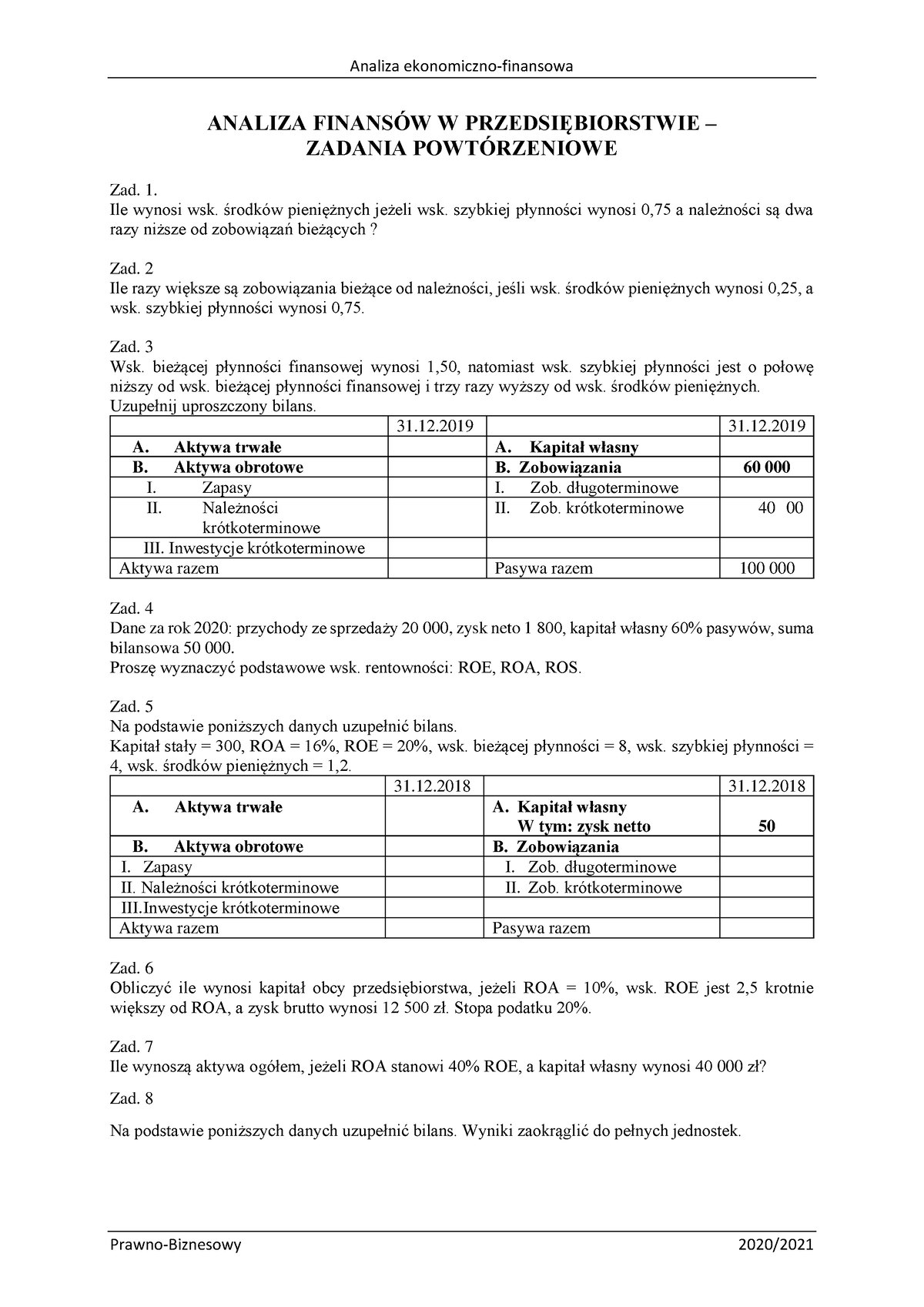 Zadania An. Finansowa Powtórzenie - Analiza Ekonomiczno-finansowa ...