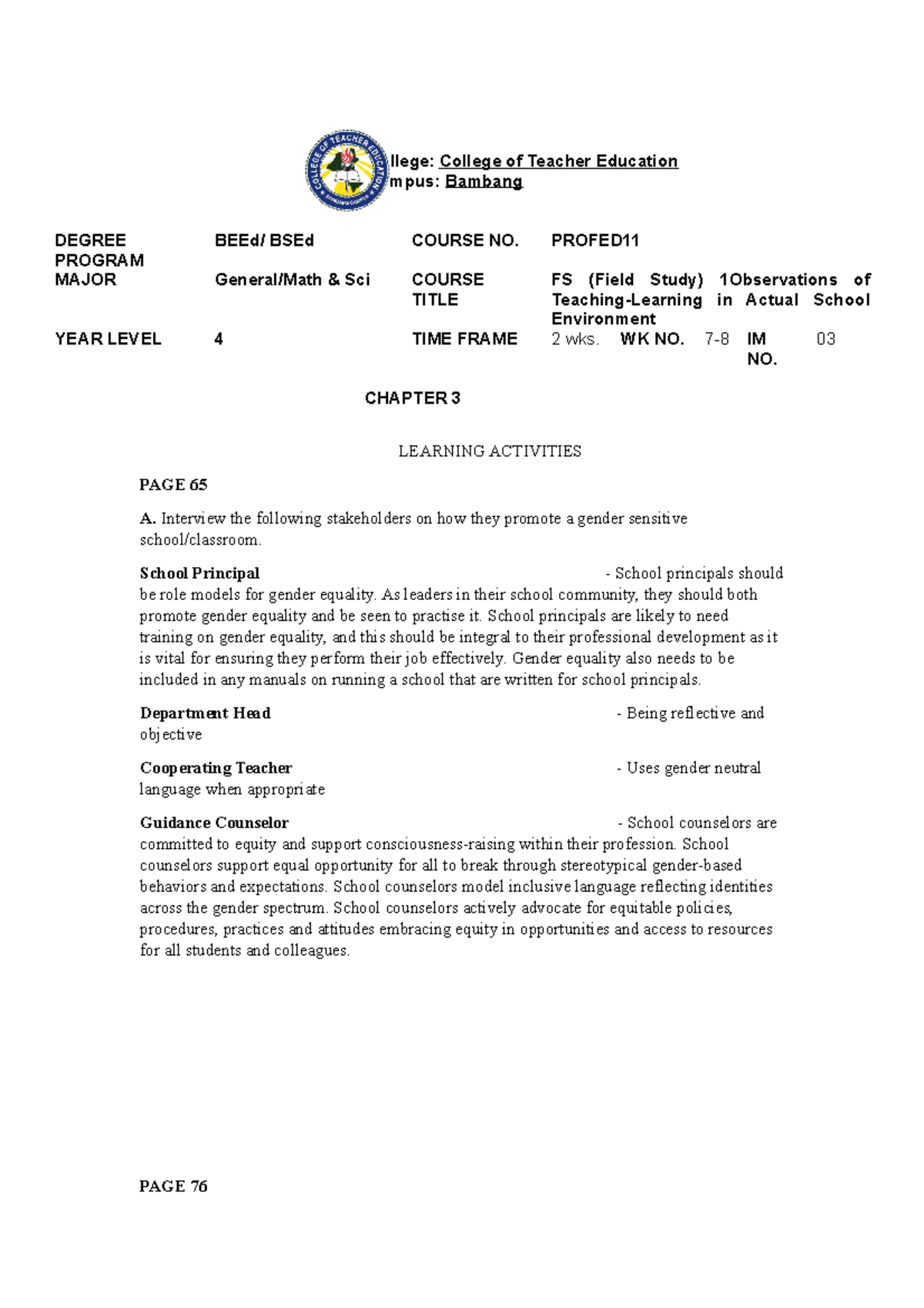 FS 1 Module 3 - Field Study - College: College of Teacher Education ...