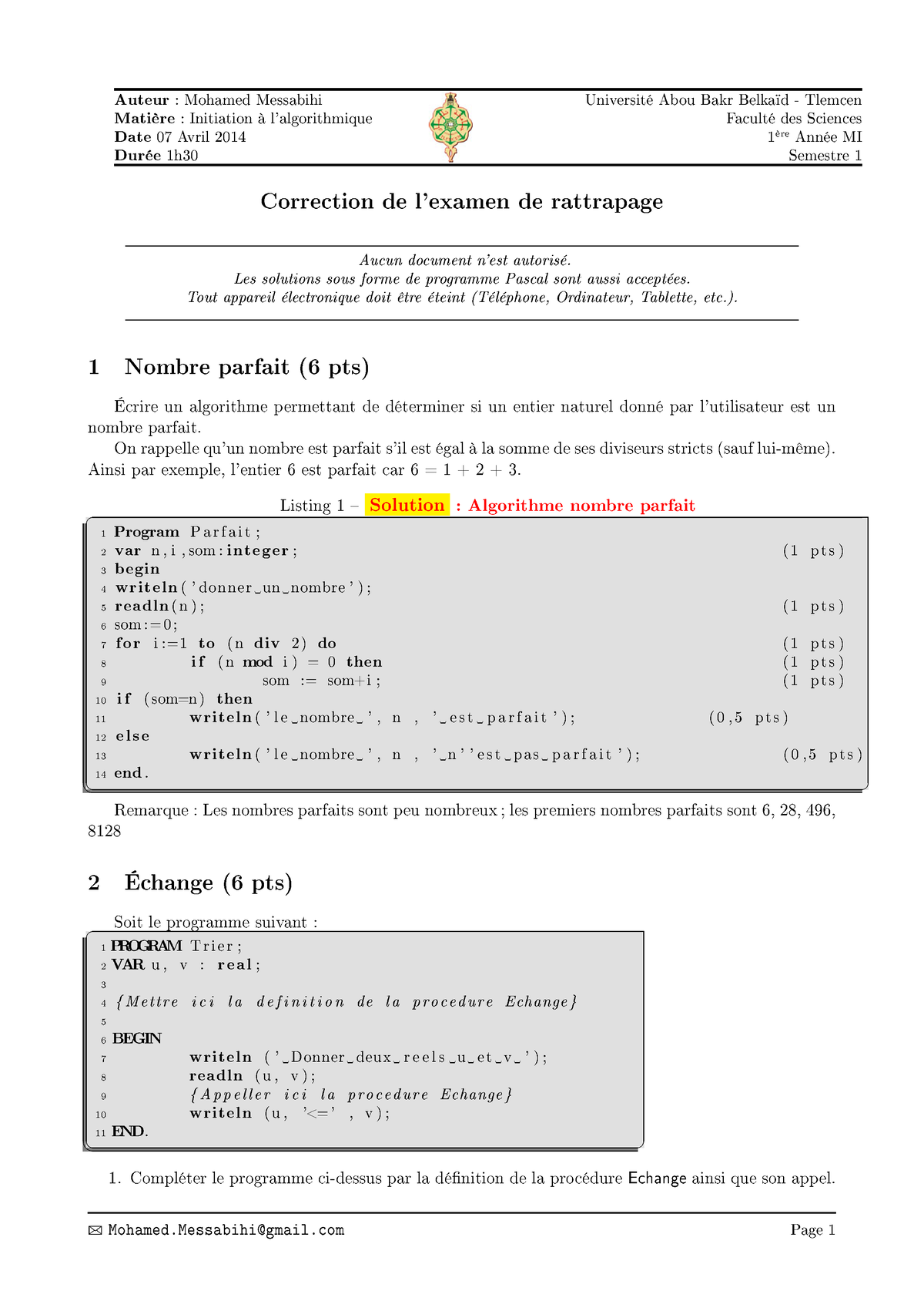 Correction Rattrapage S1 MI 2014 - Auteur : Mohamed Messabihi Matière ...