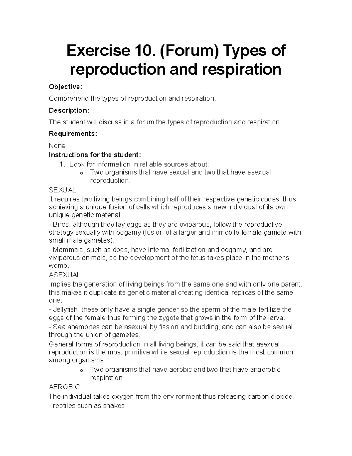 Exercise 10 - Exercise 10. (Forum) Types of reproduction and ...