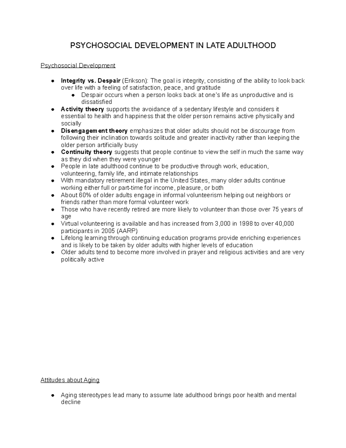 PSY 230 Module 10 Part 3 Notes Psychosocial Development In Late ...