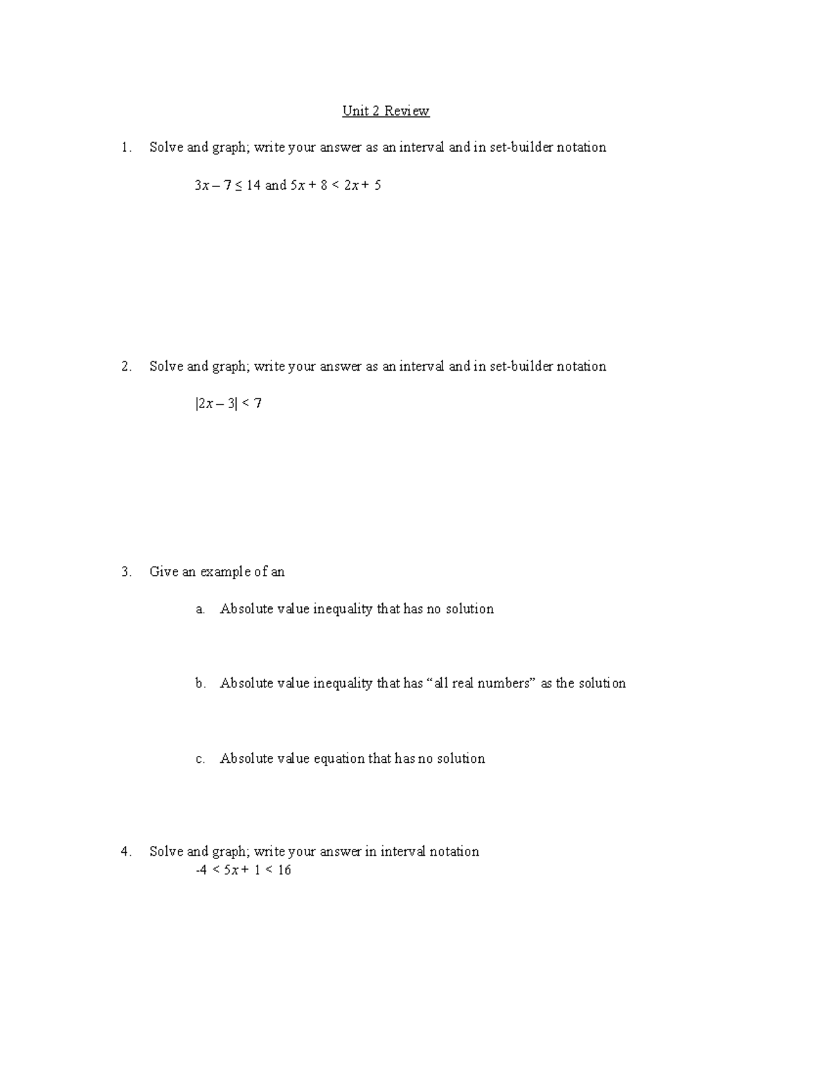Unit2Review 1 - A general mathematics course - Unit 2 Review Solve and ...