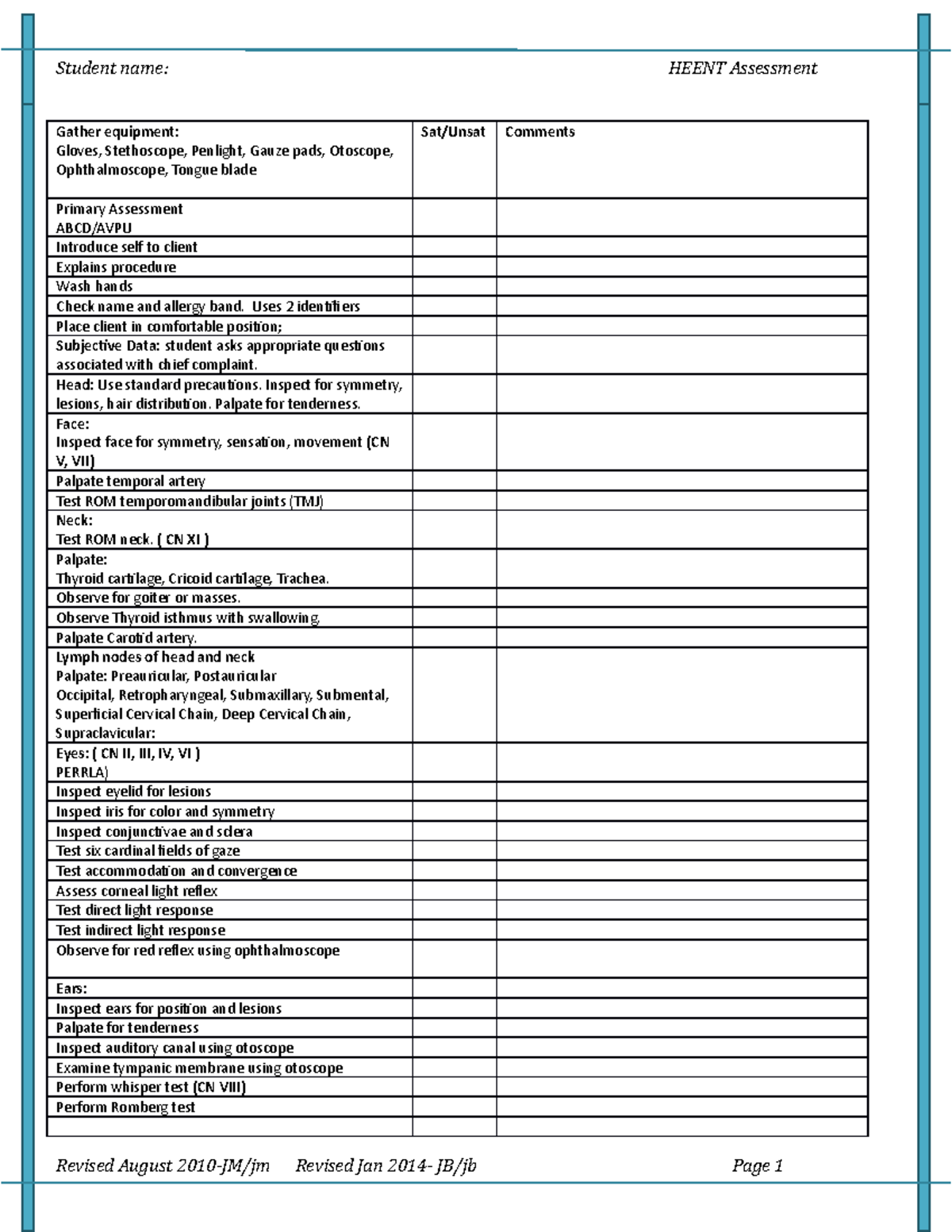 Heent Assessment(1) - skills sheet head eyes ears nose throat - Student ...