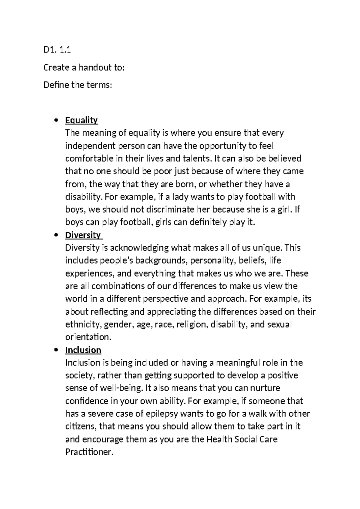 D1 Michelles cource work - D1. 1. Create a handout to: Define the terms ...