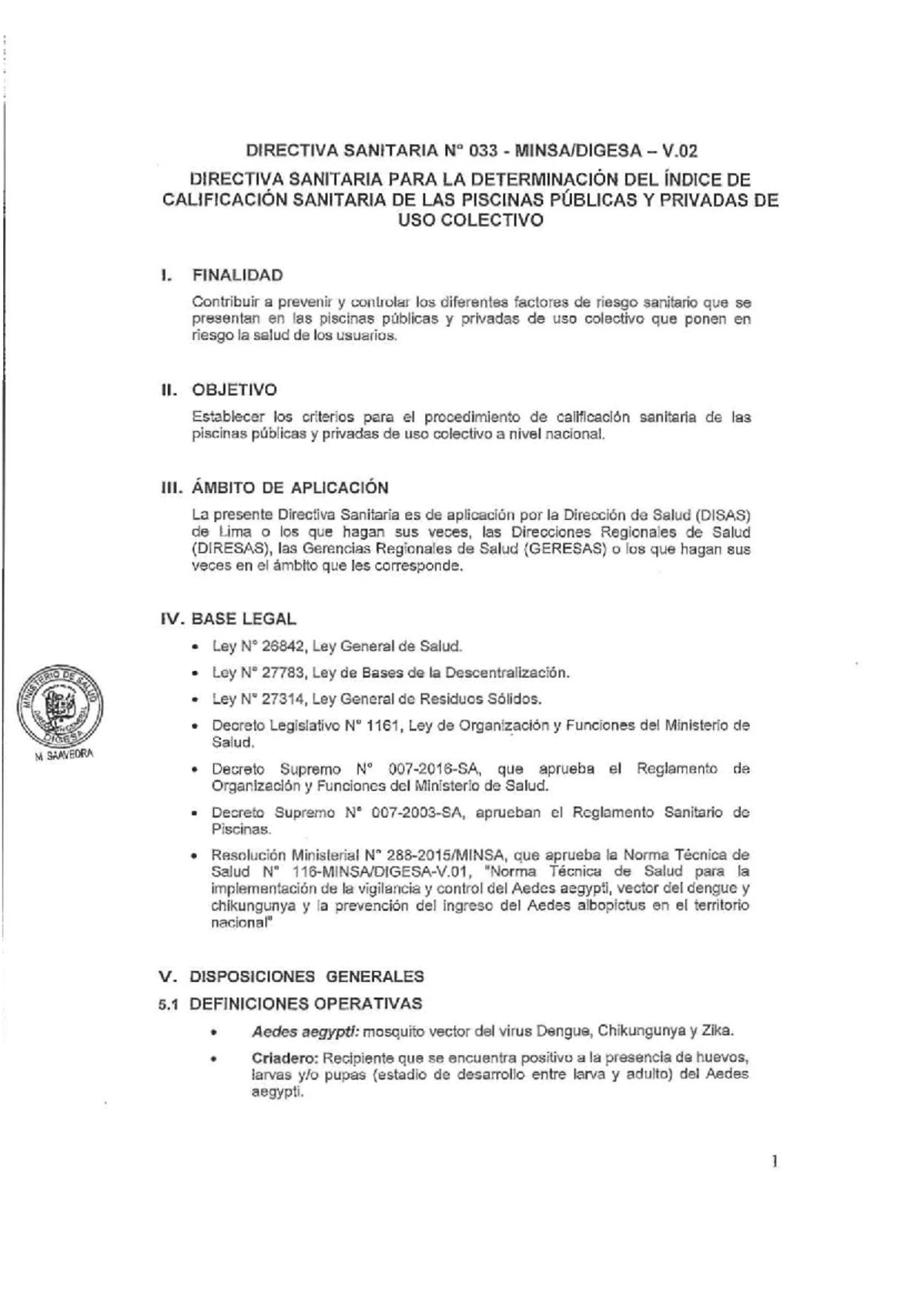 Directiva Sanitaria N° 033- Minsa- Digesa-V.02 Determinación DEL Índice ...