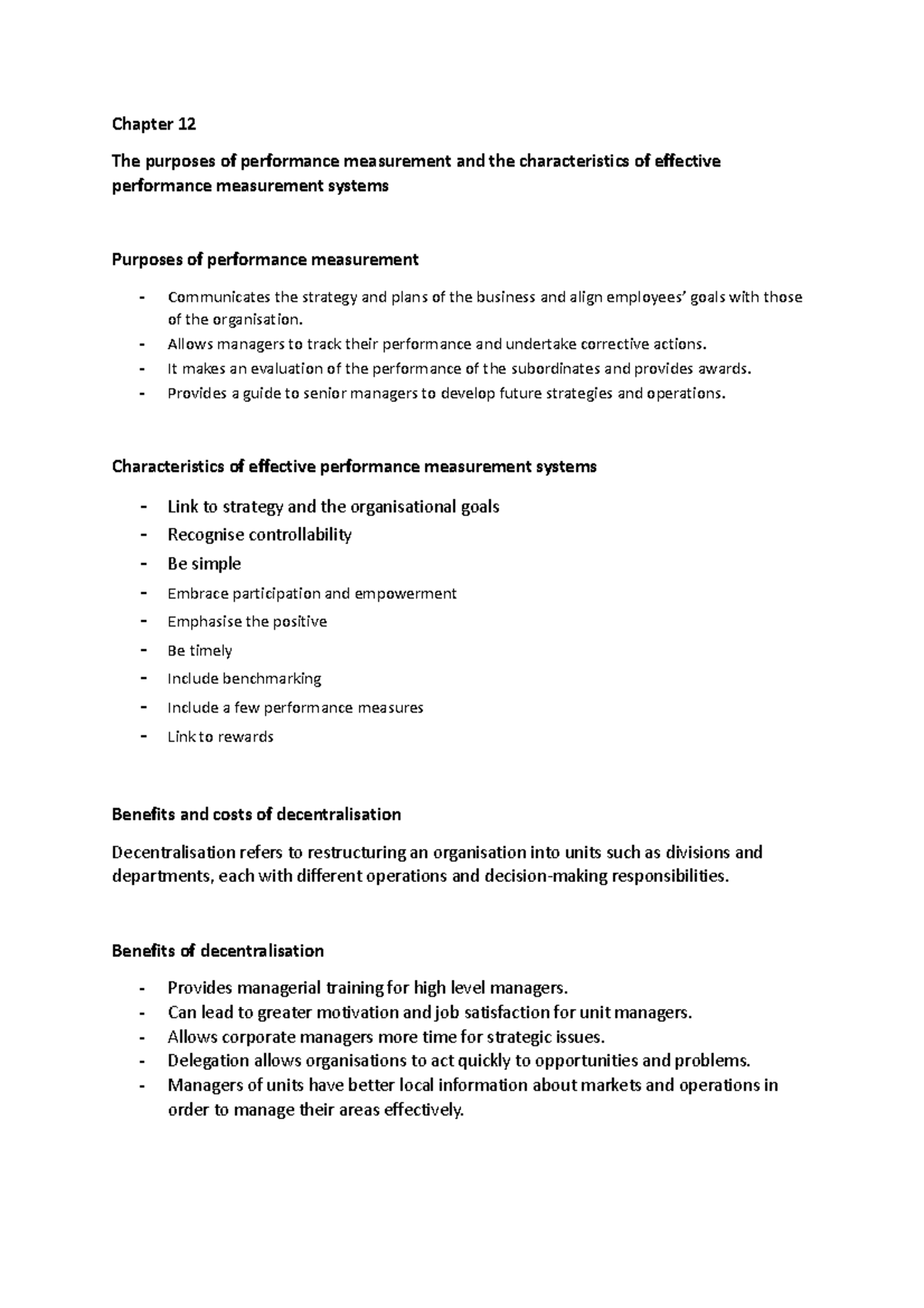 Lecture notes 5 - Chapter 12 The purposes of performance measurement ...