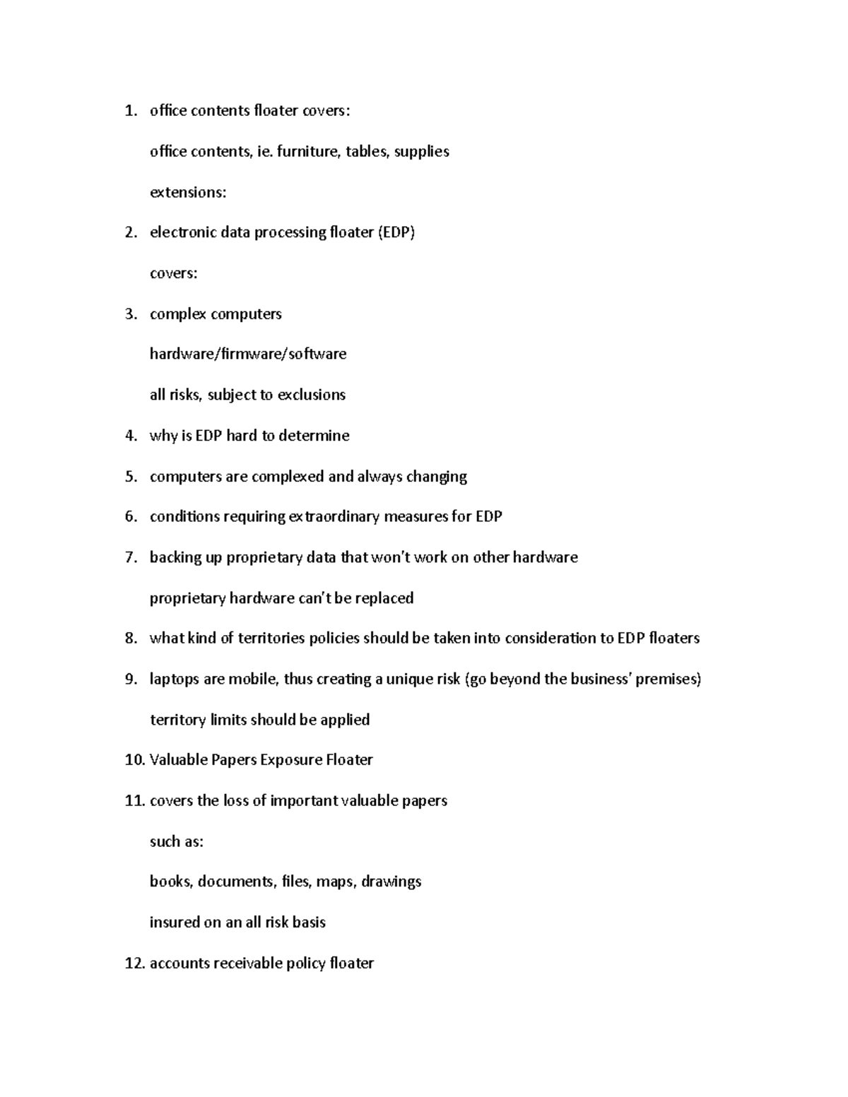 Busmgt 290 2 notes office contents floater covers office contents