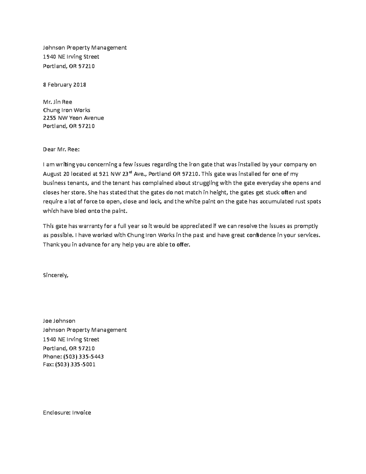 JPM letter bus302 - Johnson Property Management 1940 NE Irving Street ...