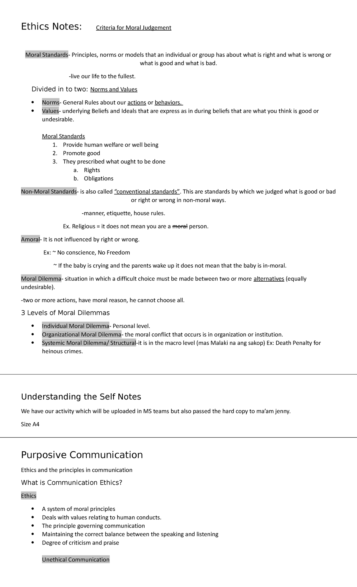 Notes 07-09 - Ethics Notes: Criteria for Moral Judgement Moral ...