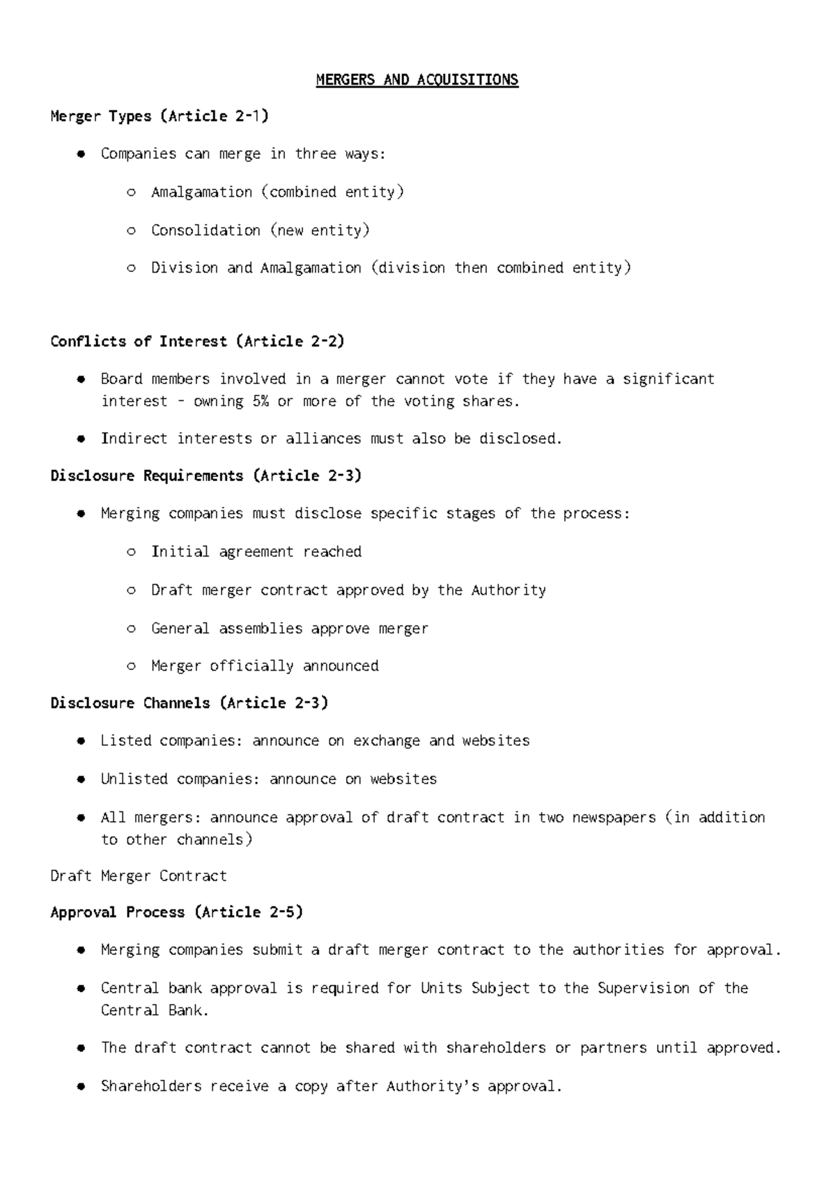 Mergers and Aquisitions - notes - MERGERS AND ACQUISITIONS Merger Types ...