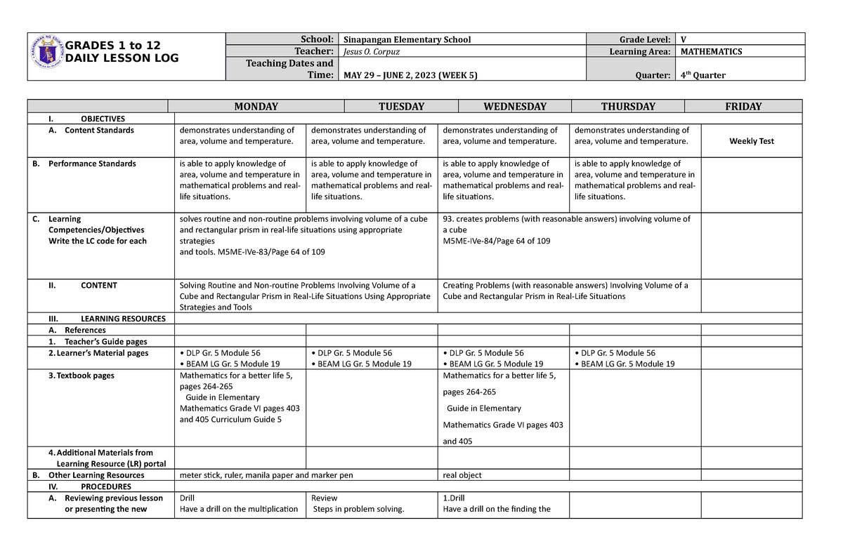 Grade 5 DLL MATH 5 Q4 Week 5 GRADES 1 to 12 DAILY LESSON LOG School